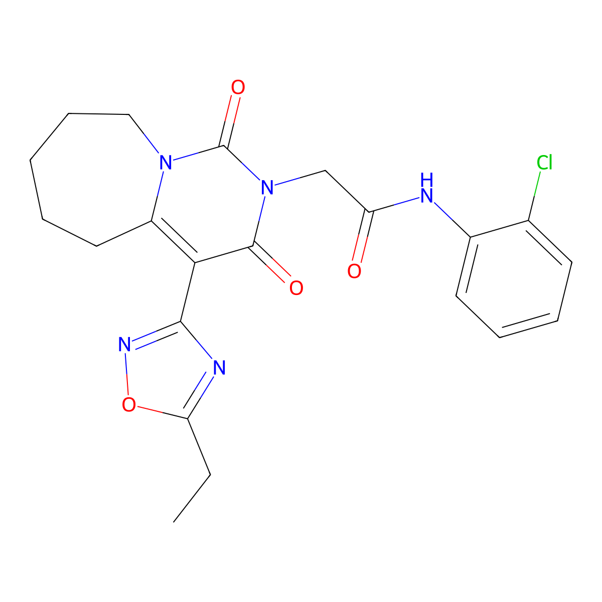 N-(2-chlorophenyl)-2-[4-(5-ethyl-1,2,4-oxadiazol-3-yl)-1,3-dioxo-3,5,6,7,8,9-hexahydropyrimido[1,6-a]azepin-2(1H)-yl]acetamide molecular structure, CAS 1775337-99-9