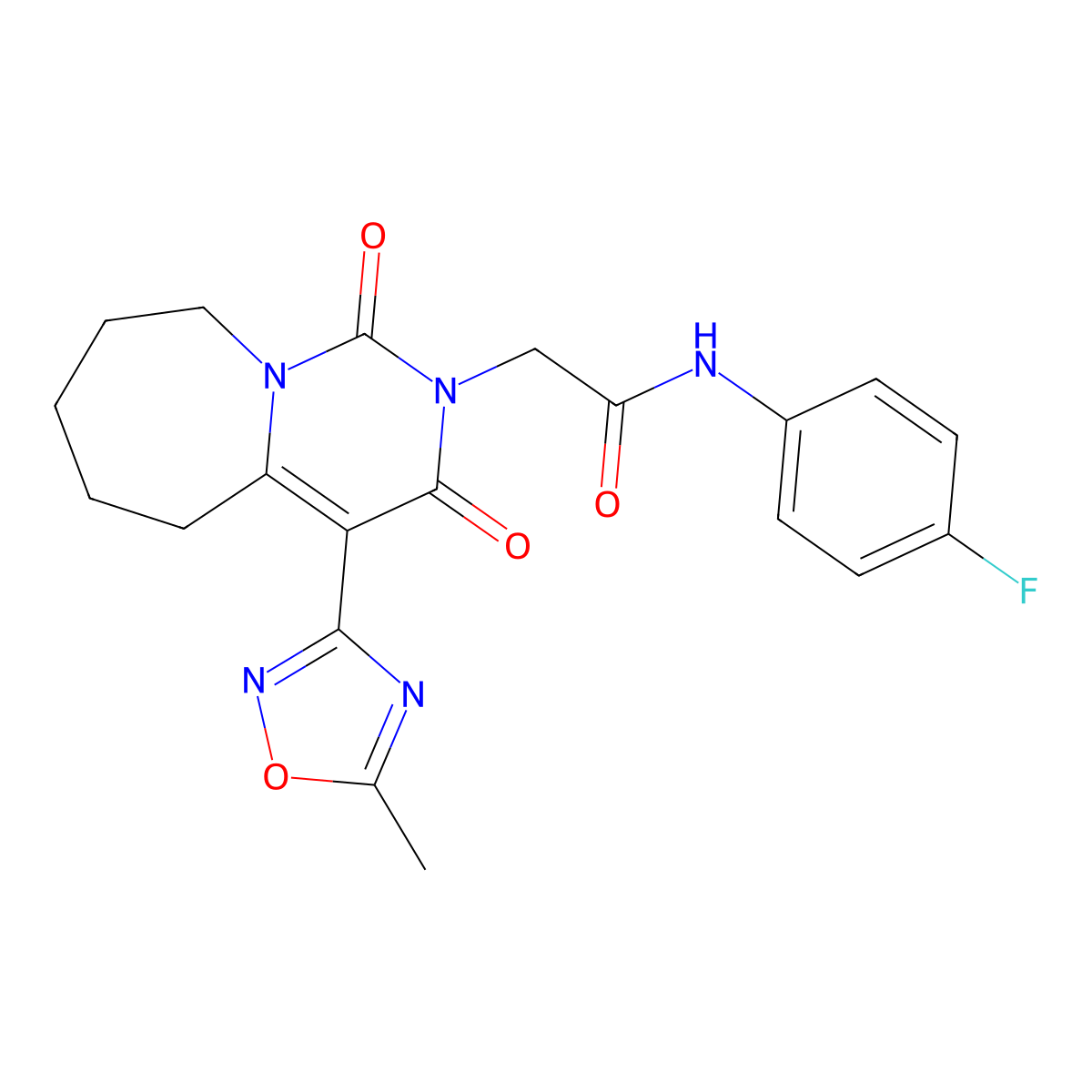 N-(4-fluorophenyl)-2-[4-(5-methyl-1,2,4-oxadiazol-3-yl)-1,3-dioxo-3,5,6,7,8,9-hexahydropyrimido[1,6-a]azepin-2(1H)-yl]acetamide molecular structure, CAS 1775338-27-6