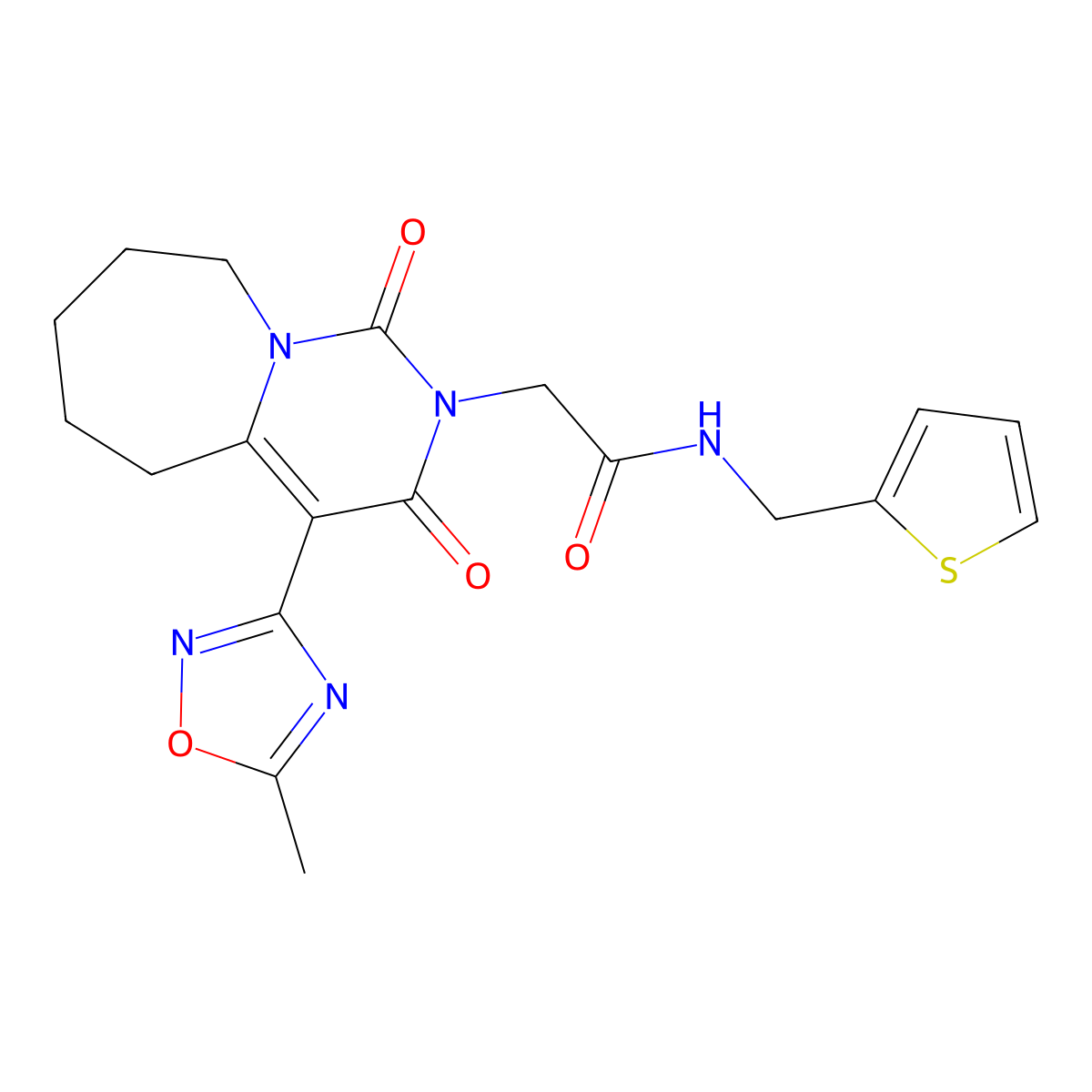 2-[4-(5-methyl-1,2,4-oxadiazol-3-yl)-1,3-dioxo-3,5,6,7,8,9-hexahydropyrimido[1,6-a]azepin-2(1H)-yl]-N-(2-thienylmethyl)acetamide molecular structure, CAS 1775338-51-6