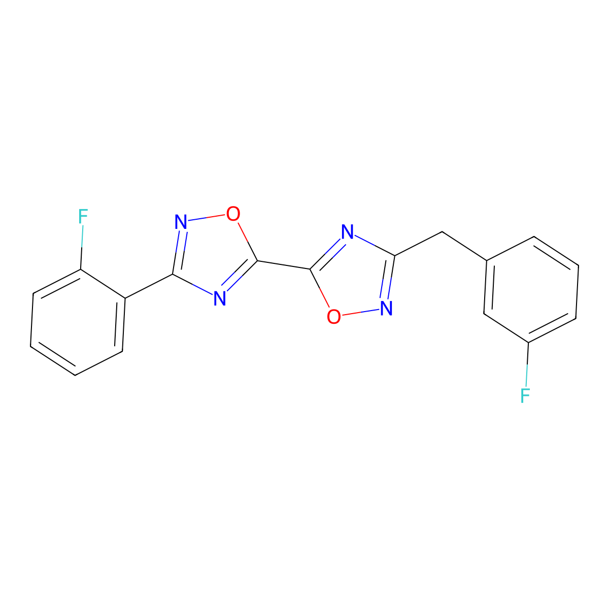 3-(3-Fluorobenzyl)-3'-(2-fluorophenyl)-5,5'-bi-1,2,4-oxadiazole molecular structure, CAS 1775344-58-5