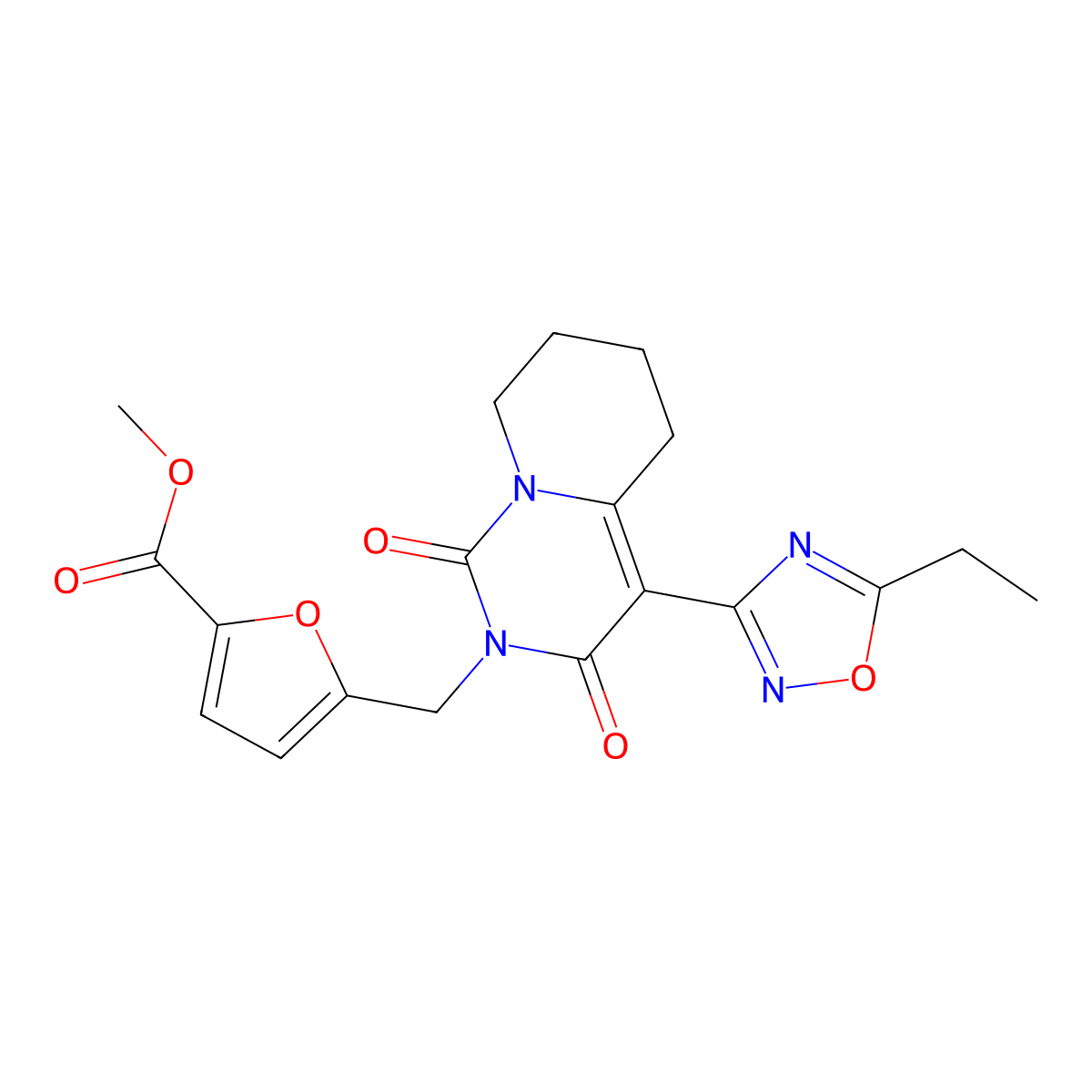 methyl 5-{[4-(5-ethyl-1,2,4-oxadiazol-3-yl)-1,3-dioxo-1H,2H,3H,5H,6H,7H,8H-pyrido[1,2-c]pyrimidin-2-yl]methyl}furan-2-carboxylate molecular structure, CAS 1775344-96-1