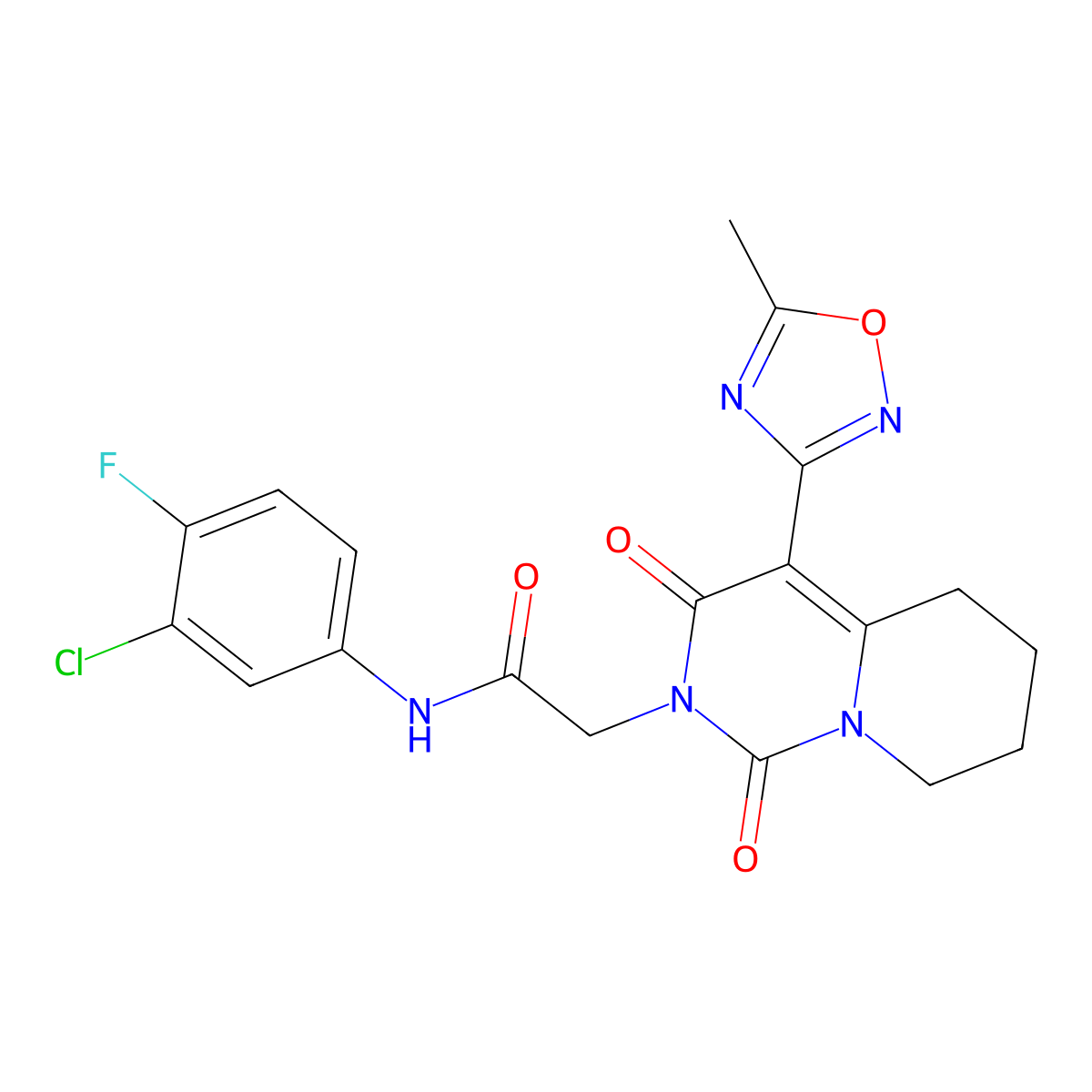 N-(3-chloro-4-fluorophenyl)-2-[4-(5-methyl-1,2,4-oxadiazol-3-yl)-1,3-dioxo-5,6,7,8-tetrahydro-1H-pyrido[1,2-c]pyrimidin-2(3H)-yl]acetamide molecular structure, CAS 1775345-25-9