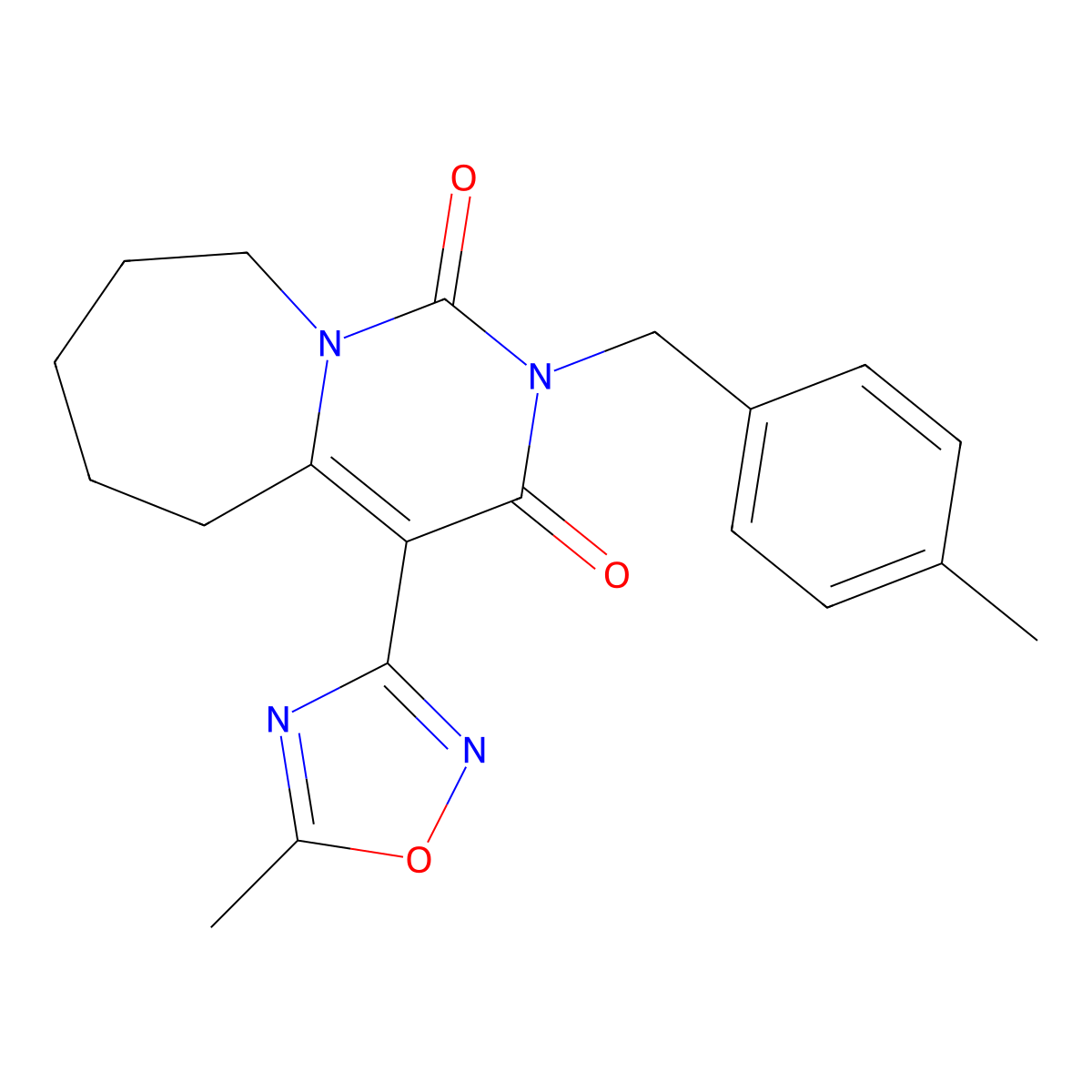 2-(4-methylbenzyl)-4-(5-methyl-1,2,4-oxadiazol-3-yl)-6,7,8,9-tetrahydropyrimido[1,6-a]azepine-1,3(2H,5H)-dione molecular structure, CAS 1775346-13-8