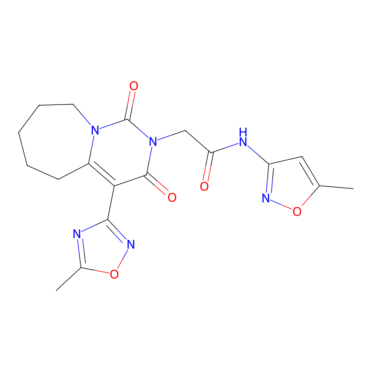 N-(5-methylisoxazol-3-yl)-2-[4-(5-methyl-1,2,4-oxadiazol-3-yl)-1,3-dioxo-3,5,6,7,8,9-hexahydropyrimido[1,6-a]azepin-2(1H)-yl]acetamide molecular structure, CAS 1775346-41-2