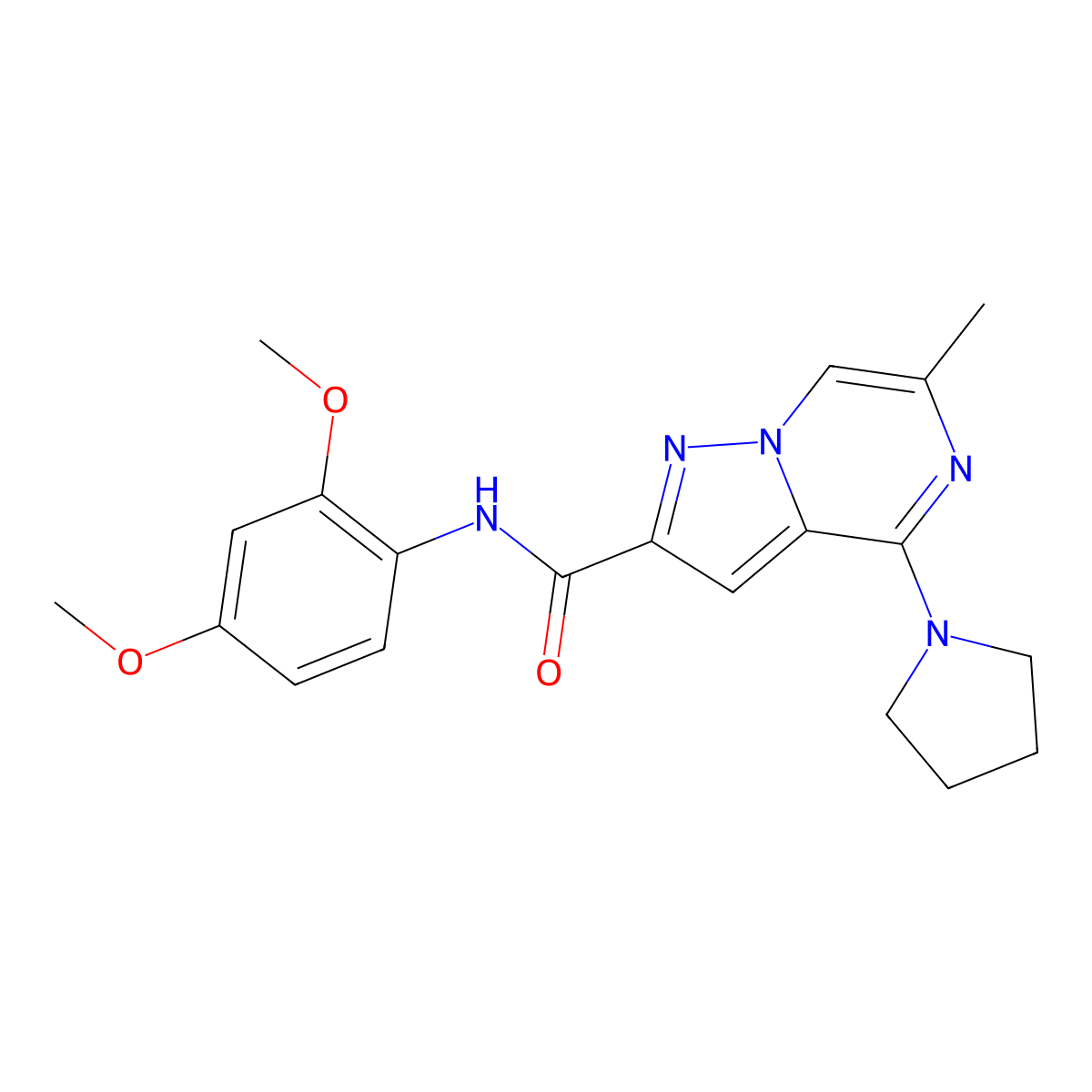 N-(2,4-dimethoxyphenyl)-6-methyl-4-(pyrrolidin-1-yl)pyrazolo[1,5-a]pyrazine-2-carboxamide molecular structure, CAS 1775348-50-9