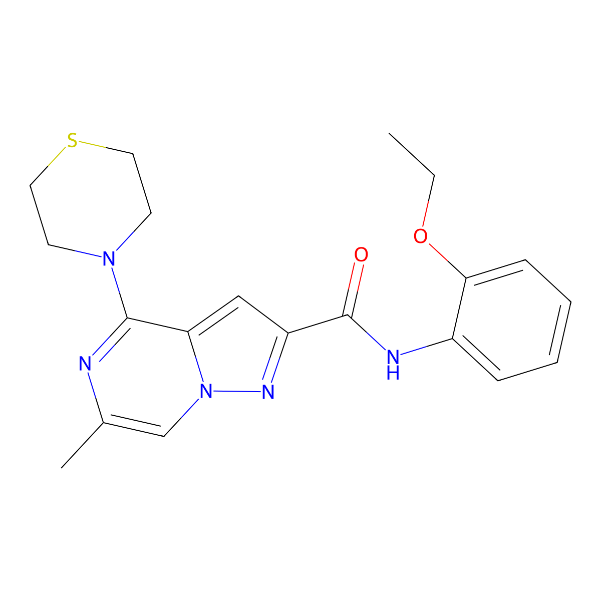 N-(2-ethoxyphenyl)-6-methyl-4-(thiomorpholin-4-yl)pyrazolo[1,5-a]pyrazine-2-carboxamide molecular structure, CAS 1775348-59-8