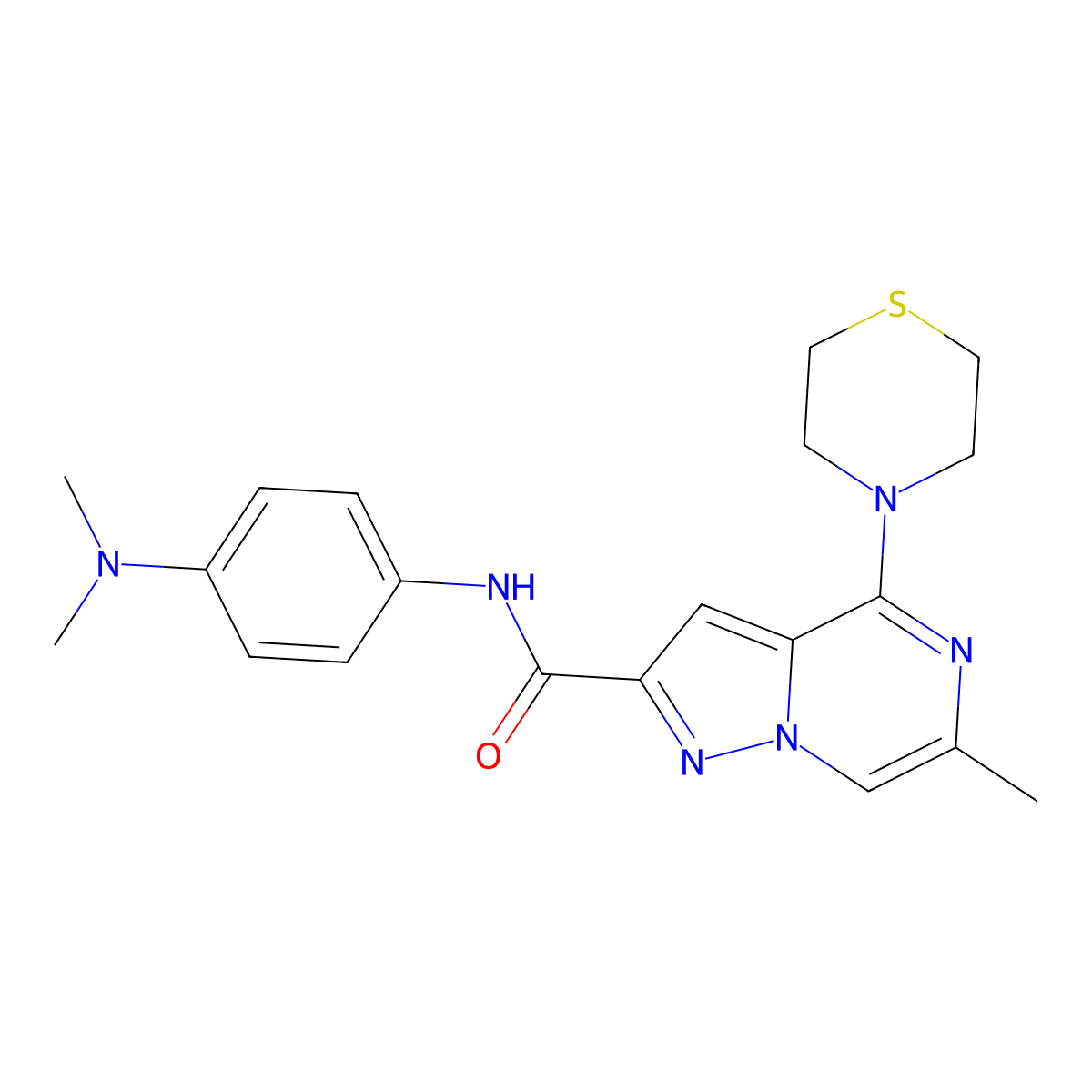 N-[4-(dimethylamino)phenyl]-6-methyl-4-(thiomorpholin-4-yl)pyrazolo[1,5-a]pyrazine-2-carboxamide molecular structure, CAS 1775348-63-4