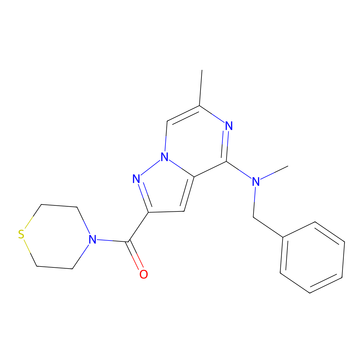 N-Benzyl-N,6-dimethyl-2-(thiomorpholine-4-carbonyl)pyrazolo[1,5-A]pyrazin-4-amine molecular structure, CAS 1775348-94-1