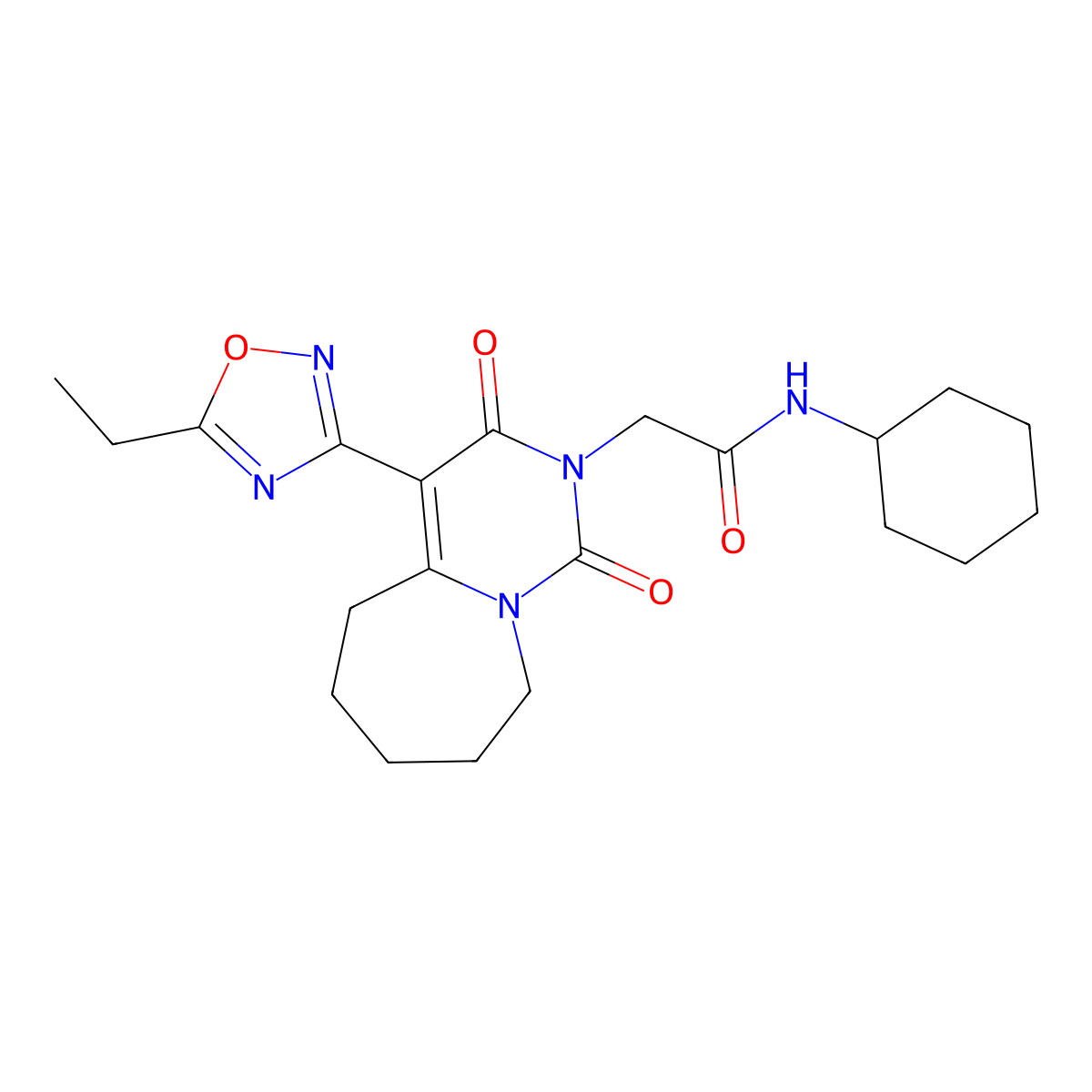 N-cyclohexyl-2-[4-(5-ethyl-1,2,4-oxadiazol-3-yl)-1,3-dioxo-3,5,6,7,8,9-hexahydropyrimido[1,6-a]azepin-2(1H)-yl]acetamide molecular structure, CAS 1775350-76-9