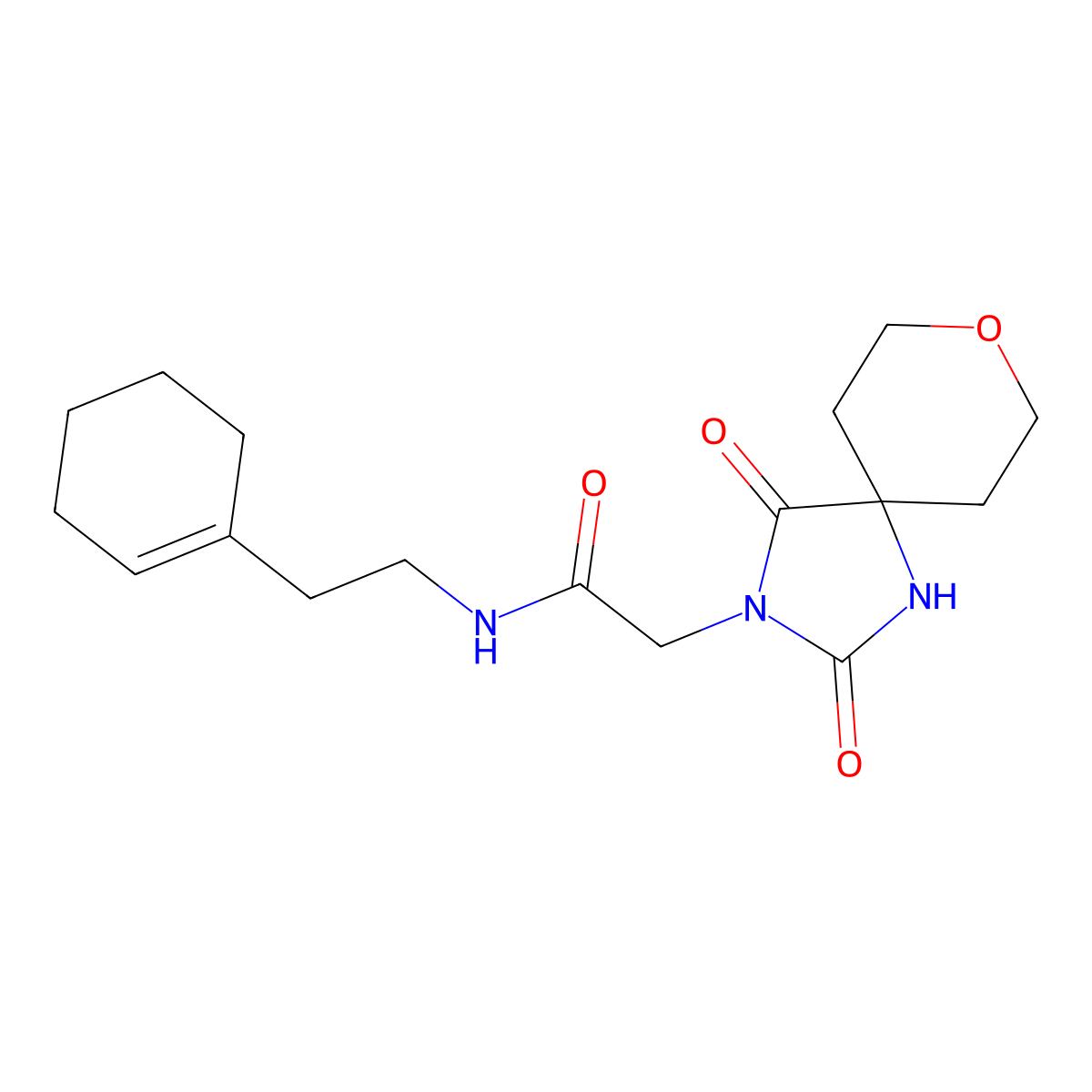 N-[2-(1-cyclohexenyl)ethyl]-2-(2,4-dioxo-8-oxa-1,3-diazaspiro[4.5]dec-3-yl)acetamide molecular structure, CAS 1775351-93-3