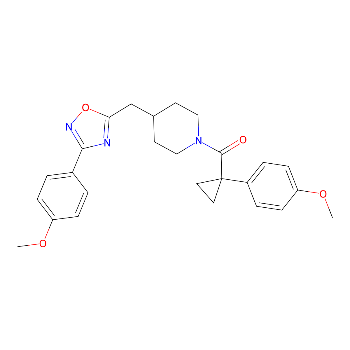 1-{[1-(4-Methoxyphenyl)cyclopropyl]carbonyl}-4-{[3-(4-methoxyphenyl)-1,2,4-oxadiazol-5-yl]methyl}piperidine molecular structure, CAS 1775352-82-3