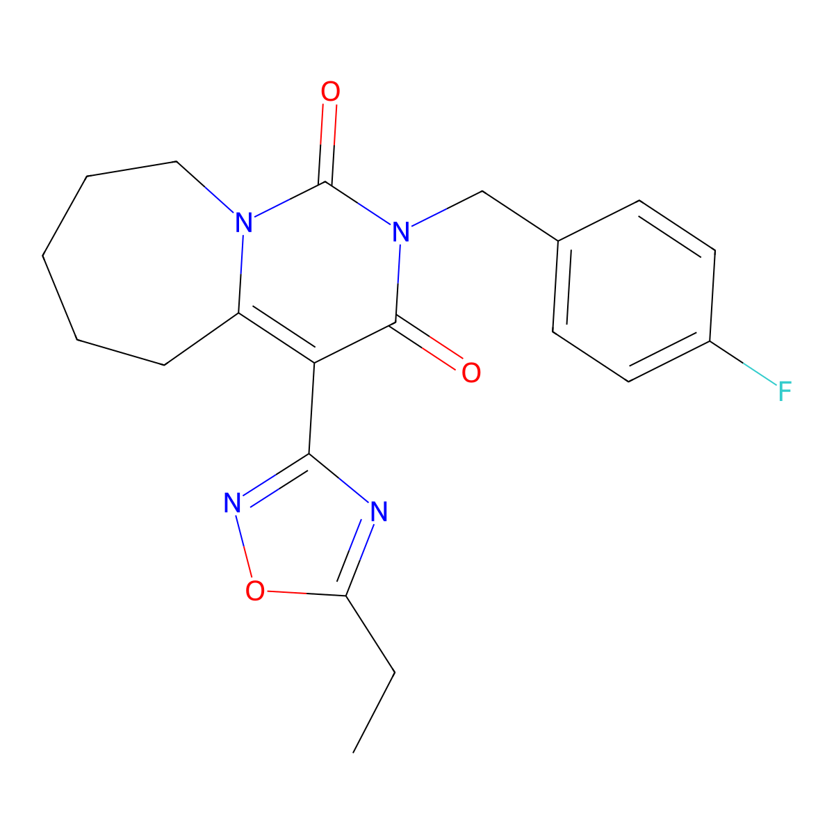 4-(5-ethyl-1,2,4-oxadiazol-3-yl)-2-(4-fluorobenzyl)-6,7,8,9-tetrahydropyrimido[1,6-a]azepine-1,3(2H,5H)-dione molecular structure, CAS 1775353-05-3