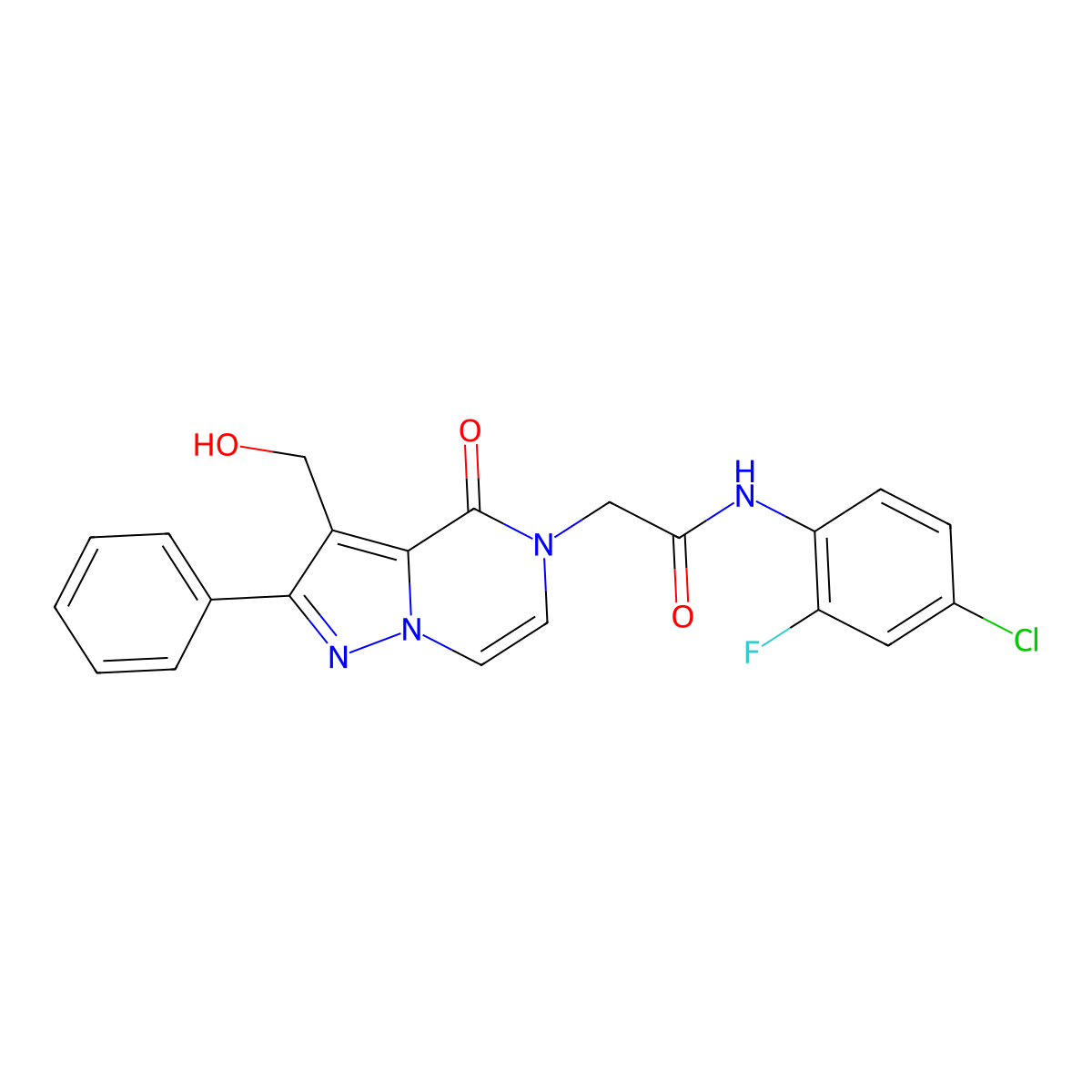 N-(4-Chloro-2-fluorophenyl)-2-[3-(hydroxymethyl)-4-oxo-2-phenyl-4H,5H-pyrazolo[1,5-A]pyrazin-5-YL]acetamide molecular structure, CAS 1775353-60-0