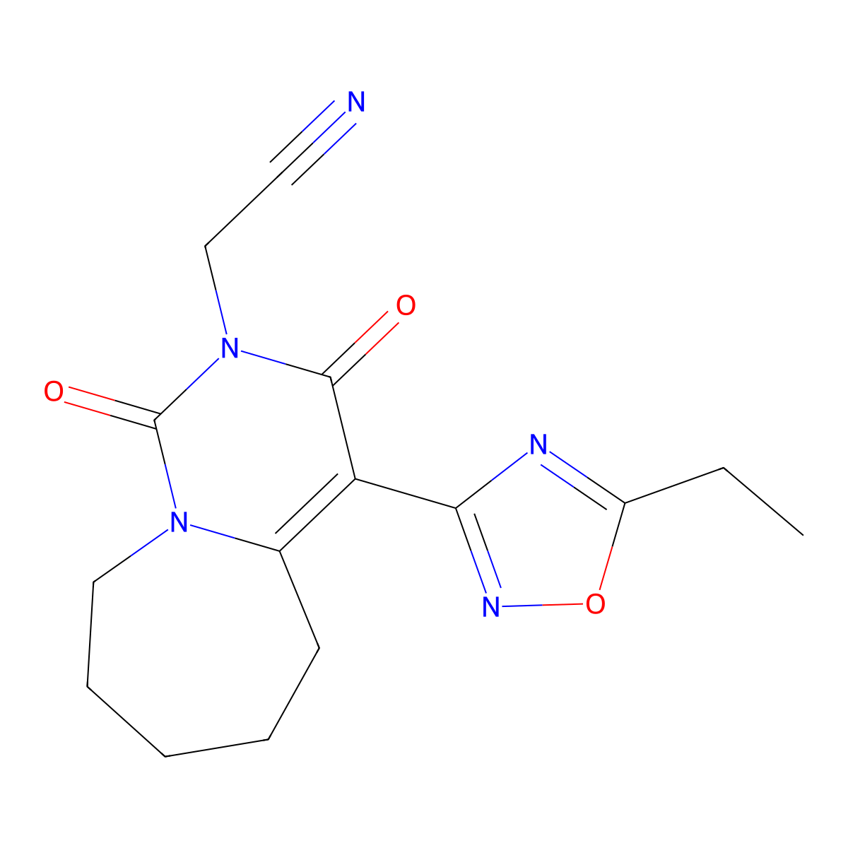 [4-(5-ethyl-1,2,4-oxadiazol-3-yl)-1,3-dioxo-3,5,6,7,8,9-hexahydropyrimido[1,6-a]azepin-2(1H)-yl]acetonitrile molecular structure, CAS 1775353-83-7