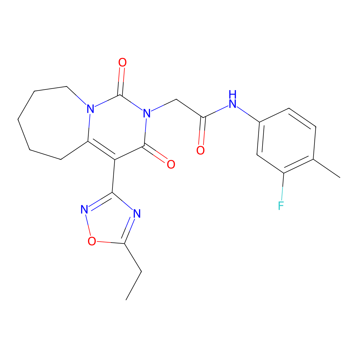 2-[4-(5-ethyl-1,2,4-oxadiazol-3-yl)-1,3-dioxo-1H,2H,3H,5H,6H,7H,8H,9H-pyrimido[1,6-a]azepin-2-yl]-N-(3-fluoro-4-methylphenyl)acetamide molecular structure, CAS 1775353-92-8