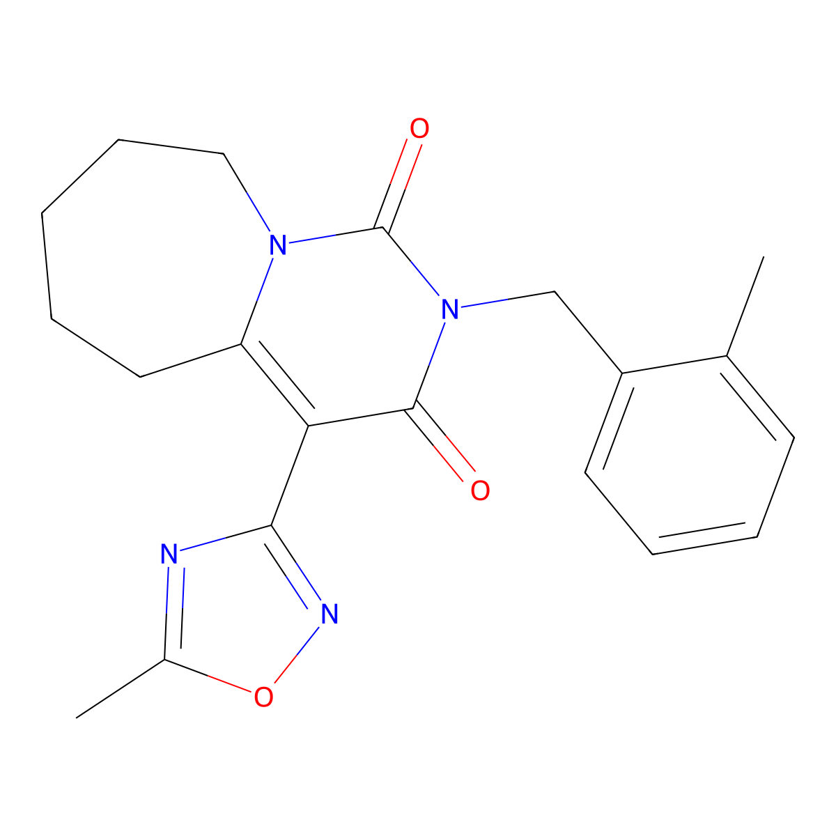 2-(2-methylbenzyl)-4-(5-methyl-1,2,4-oxadiazol-3-yl)-6,7,8,9-tetrahydropyrimido[1,6-a]azepine-1,3(2H,5H)-dione molecular structure, CAS 1775354-03-4