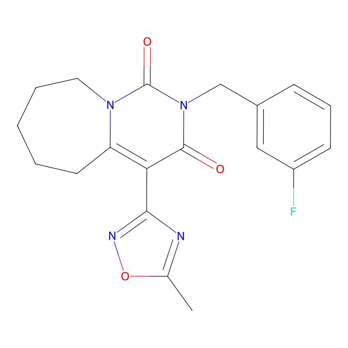 2-(3-fluorobenzyl)-4-(5-methyl-1,2,4-oxadiazol-3-yl)-6,7,8,9-tetrahydropyrimido[1,6-a]azepine-1,3(2H,5H)-dione molecular structure, CAS 1775354-05-6