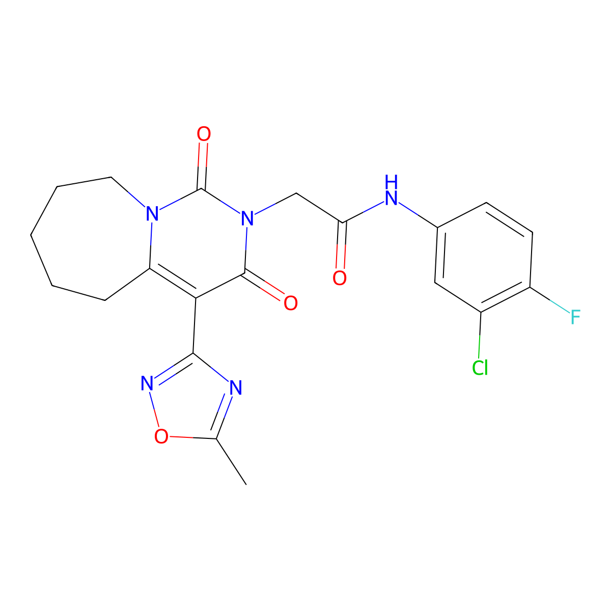 N-(3-chloro-4-fluorophenyl)-2-[4-(5-methyl-1,2,4-oxadiazol-3-yl)-1,3-dioxo-3,5,6,7,8,9-hexahydropyrimido[1,6-a]azepin-2(1H)-yl]acetamide molecular structure, CAS 1775354-26-1