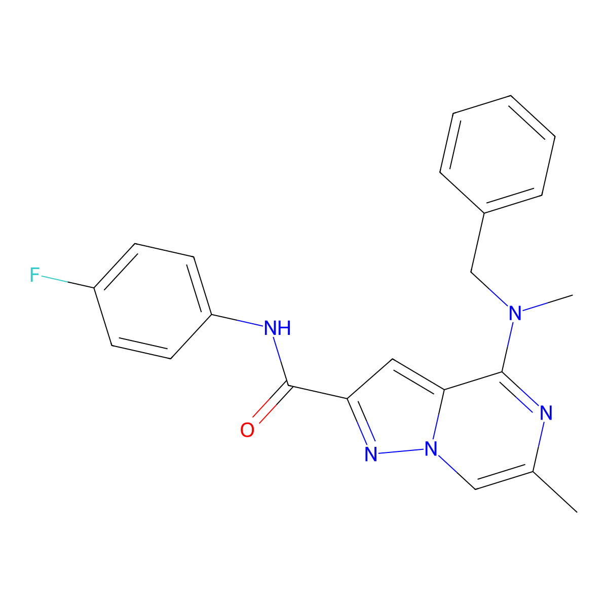 4-[benzyl(methyl)amino]-N-(4-fluorophenyl)-6-methylpyrazolo[1,5-a]pyrazine-2-carboxamide molecular structure, CAS 1775356-52-9