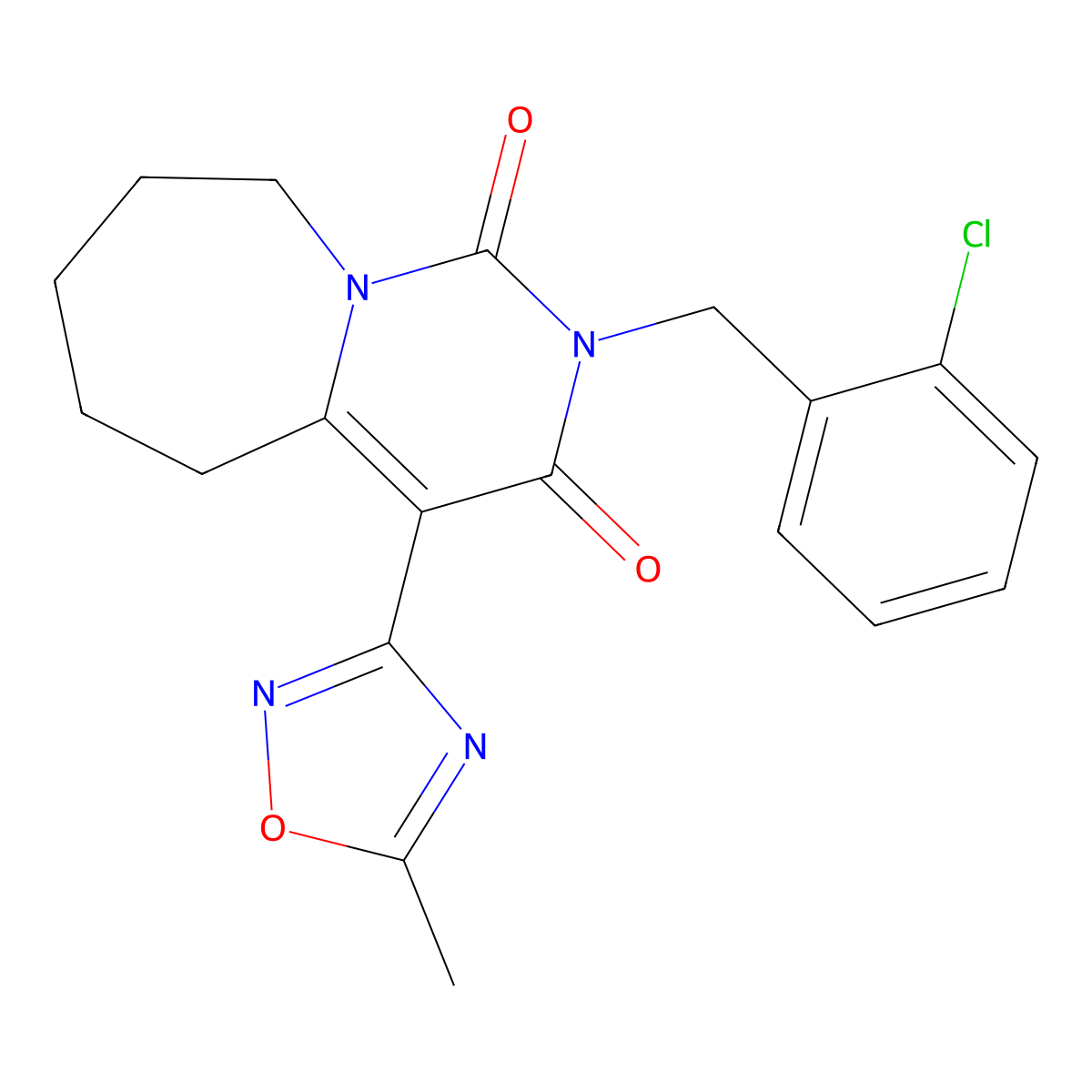 2-(2-chlorobenzyl)-4-(5-methyl-1,2,4-oxadiazol-3-yl)-6,7,8,9-tetrahydropyrimido[1,6-a]azepine-1,3(2H,5H)-dione molecular structure, CAS 1775360-47-8
