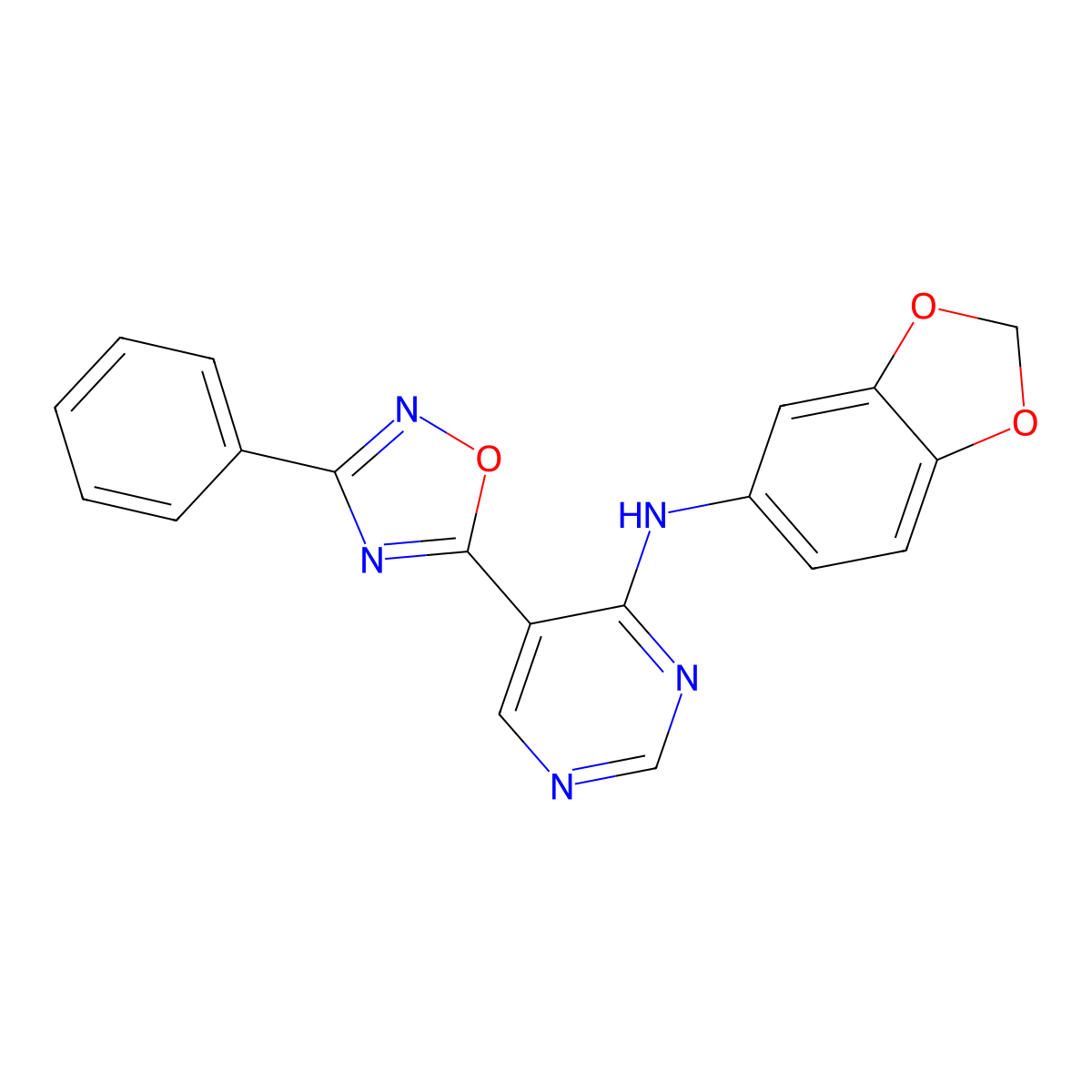 N-1,3-benzodioxol-5-yl-5-(3-phenyl-1,2,4-oxadiazol-5-yl)pyrimidin-4-amine molecular structure, CAS 1775362-46-3