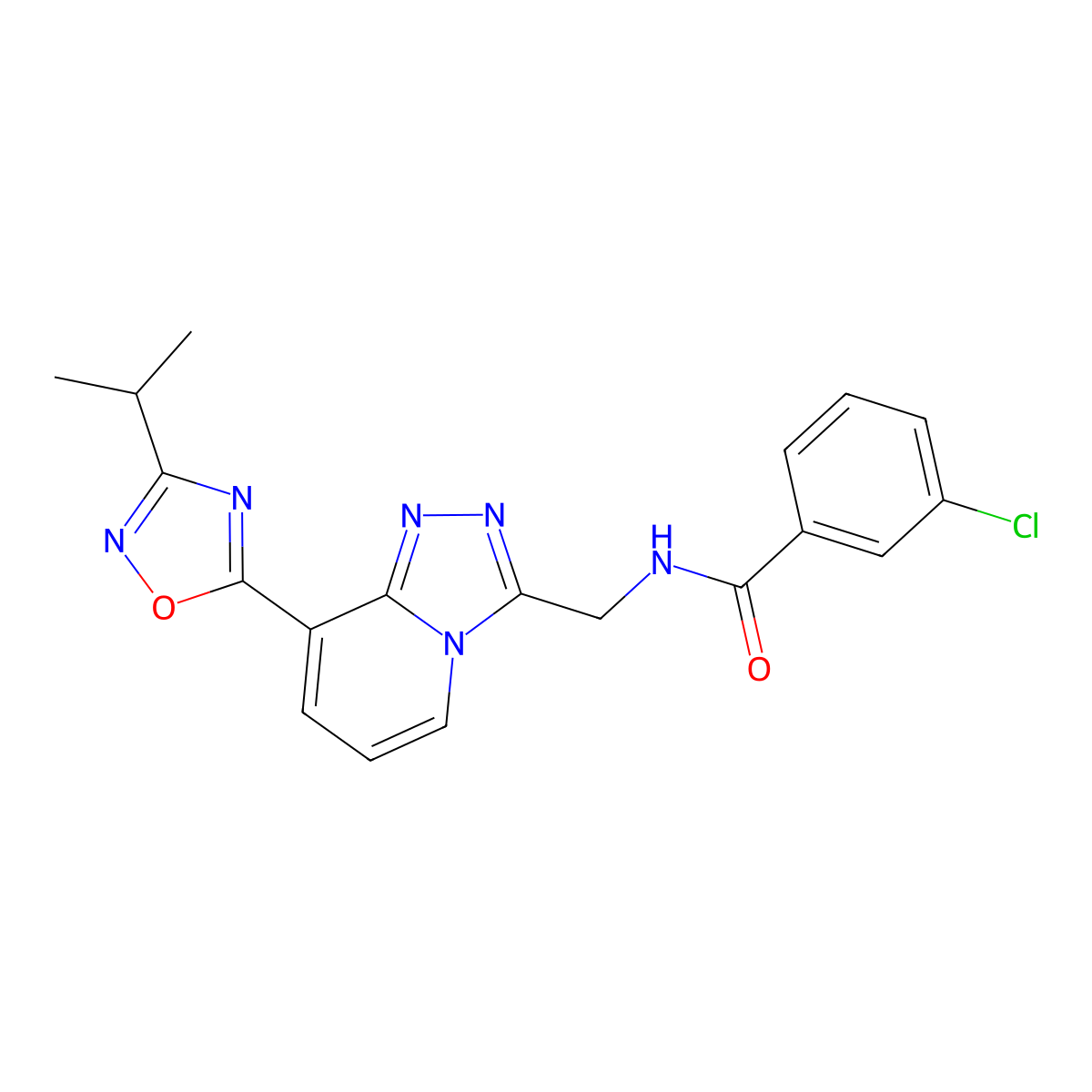3-Chloro-N-({8-[3-(propan-2-YL)-1,2,4-oxadiazol-5-YL]-[1,2,4]triazolo[4,3-A]pyridin-3-YL}methyl)benzamide molecular structure, CAS 1775363-17-1
