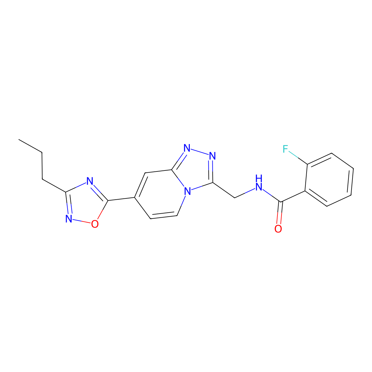 2-Fluoro-N-{[7-(3-propyl-1,2,4-oxadiazol-5-YL)-[1,2,4]triazolo[4,3-A]pyridin-3-YL]methyl}benzamide molecular structure, CAS 1775363-62-6