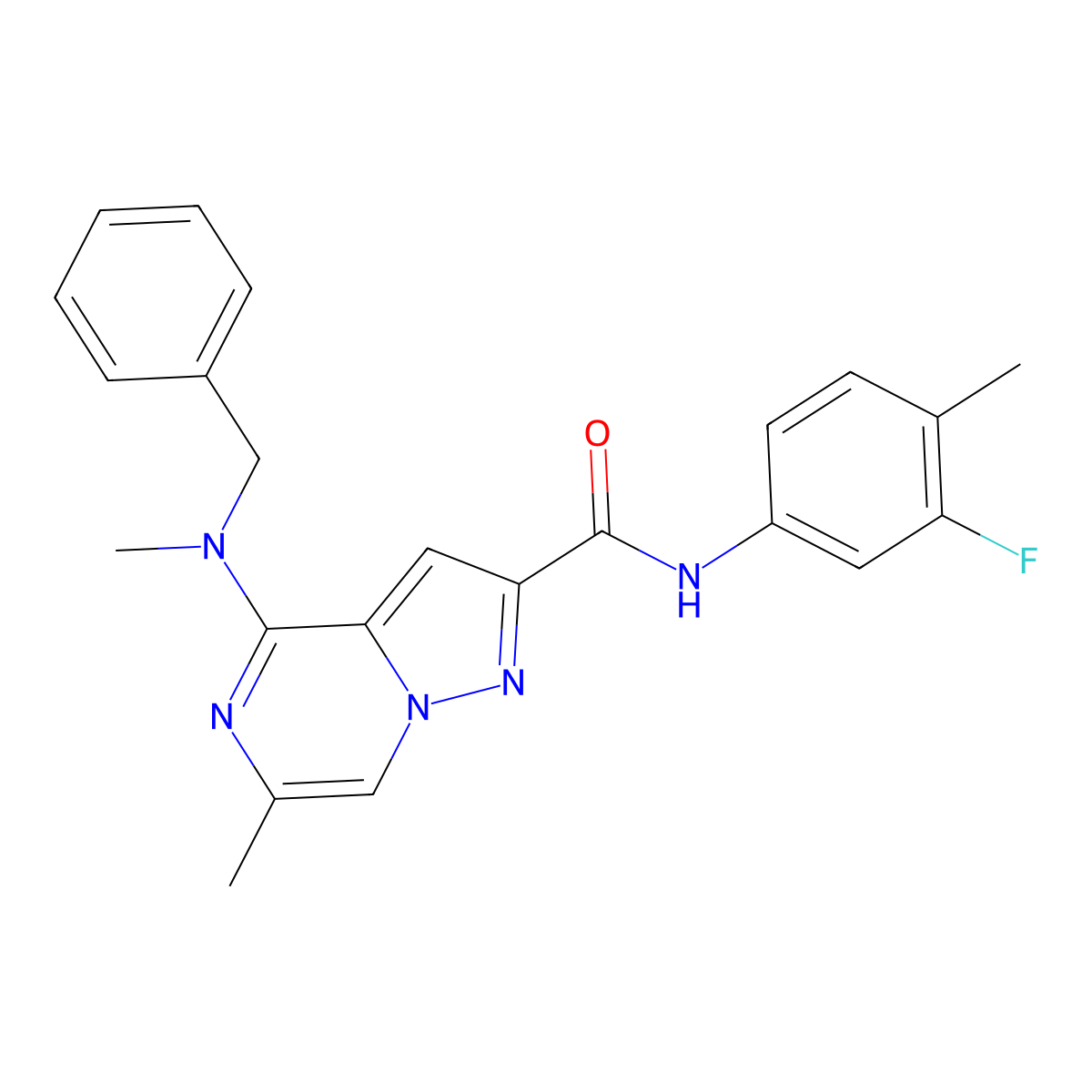 4-[benzyl(methyl)amino]-N-(3-fluoro-4-methylphenyl)-6-methylpyrazolo[1,5-a]pyrazine-2-carboxamide molecular structure, CAS 1775364-98-1