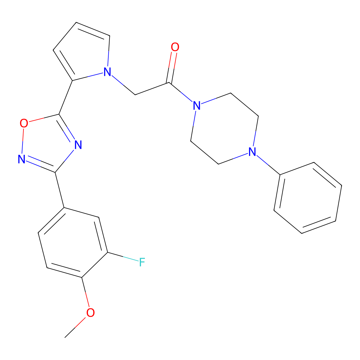 2-{2-[3-(3-Fluoro-4-methoxyphenyl)-1,2,4-oxadiazol-5-YL]-1H-pyrrol-1-YL}-1-(4-phenylpiperazin-1-YL)ethan-1-one molecular structure, CAS 1775368-35-8