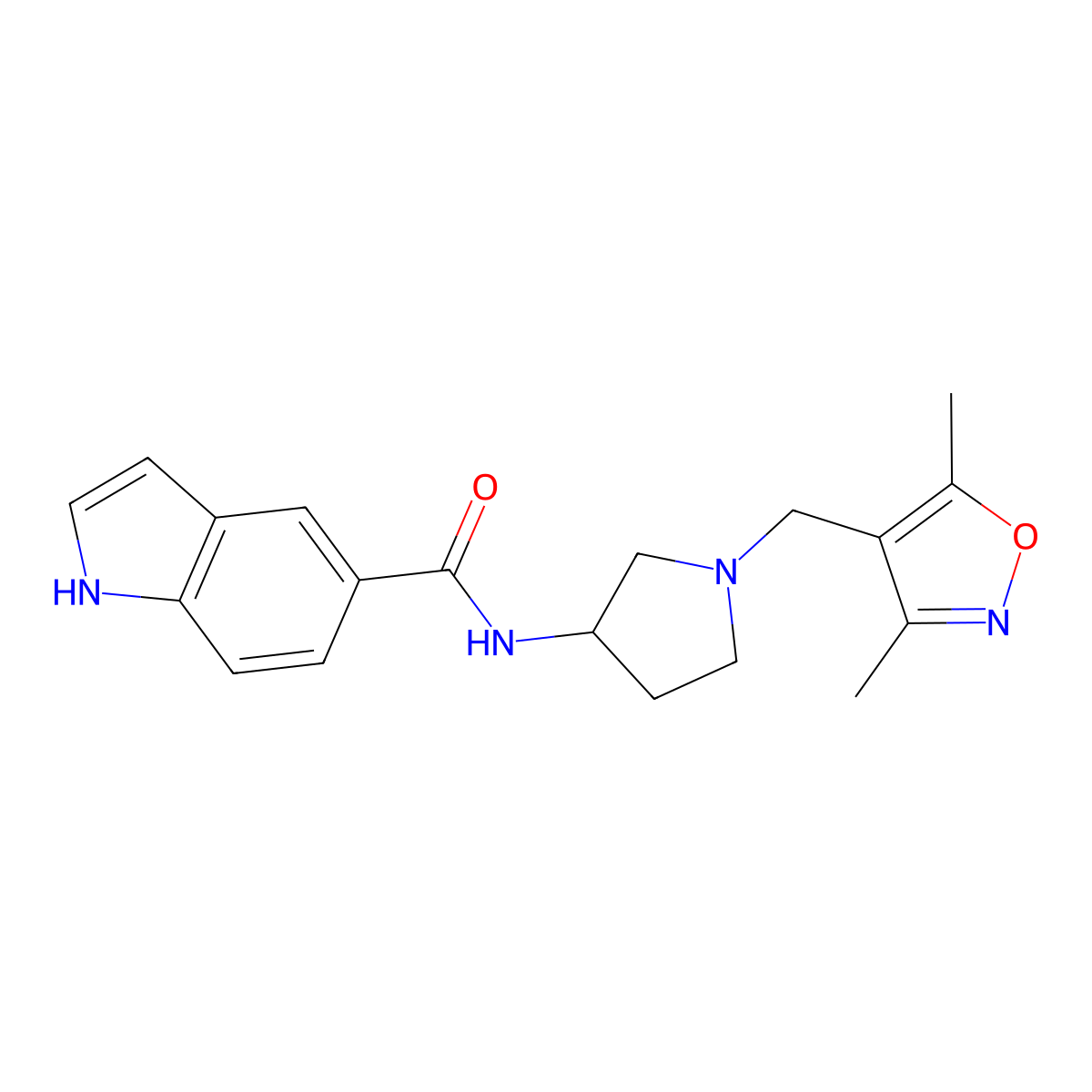 N-{1-[(3,5-dimethylisoxazol-4-yl)methyl]pyrrolidin-3-yl}-1H-indole-5-carboxamide molecular structure, CAS 1775369-79-3