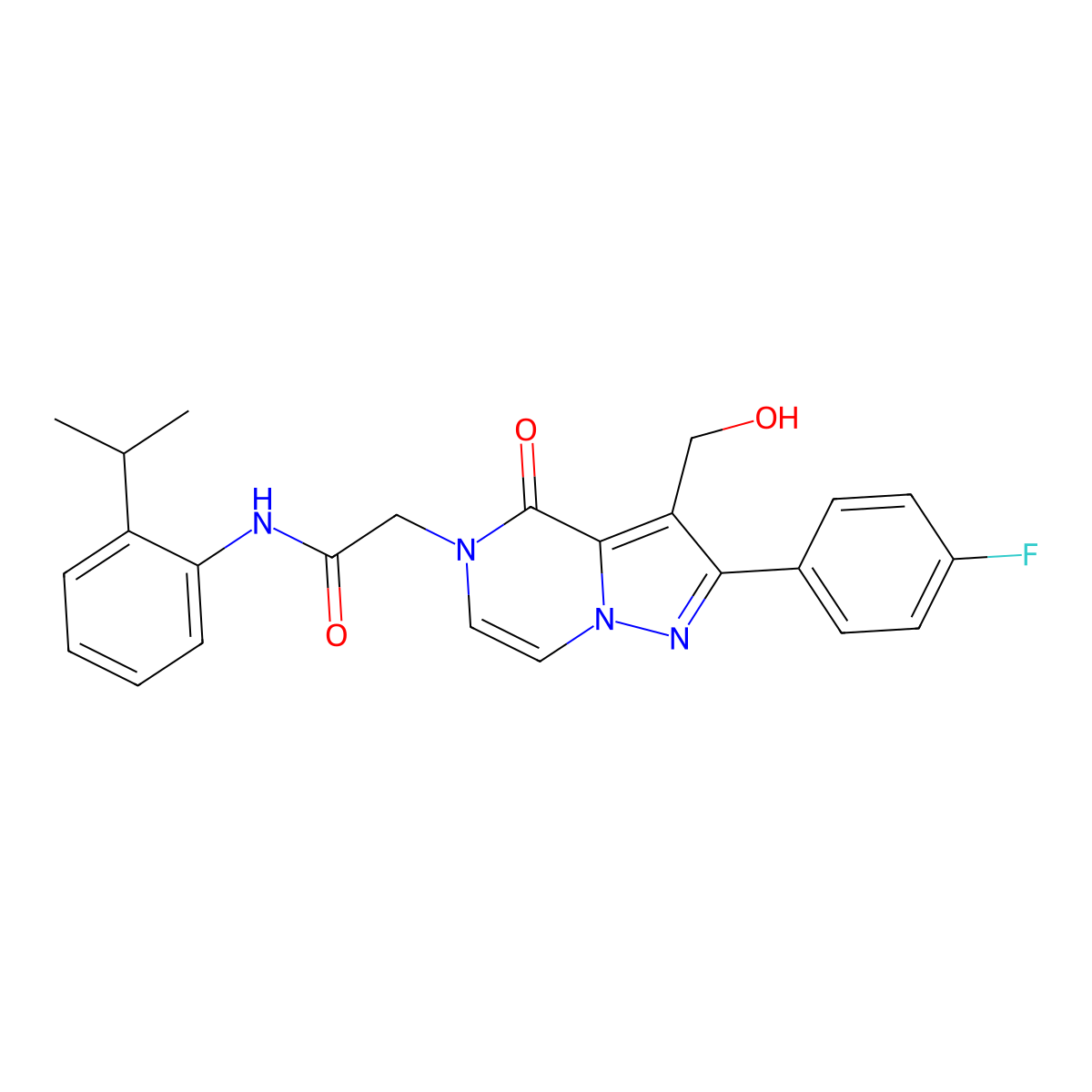 2-[2-(4-Fluorophenyl)-3-(hydroxymethyl)-4-oxo-4H,5H-pyrazolo[1,5-A]pyrazin-5-YL]-N-[2-(propan-2-YL)phenyl]acetamide molecular structure, CAS 1775370-69-8