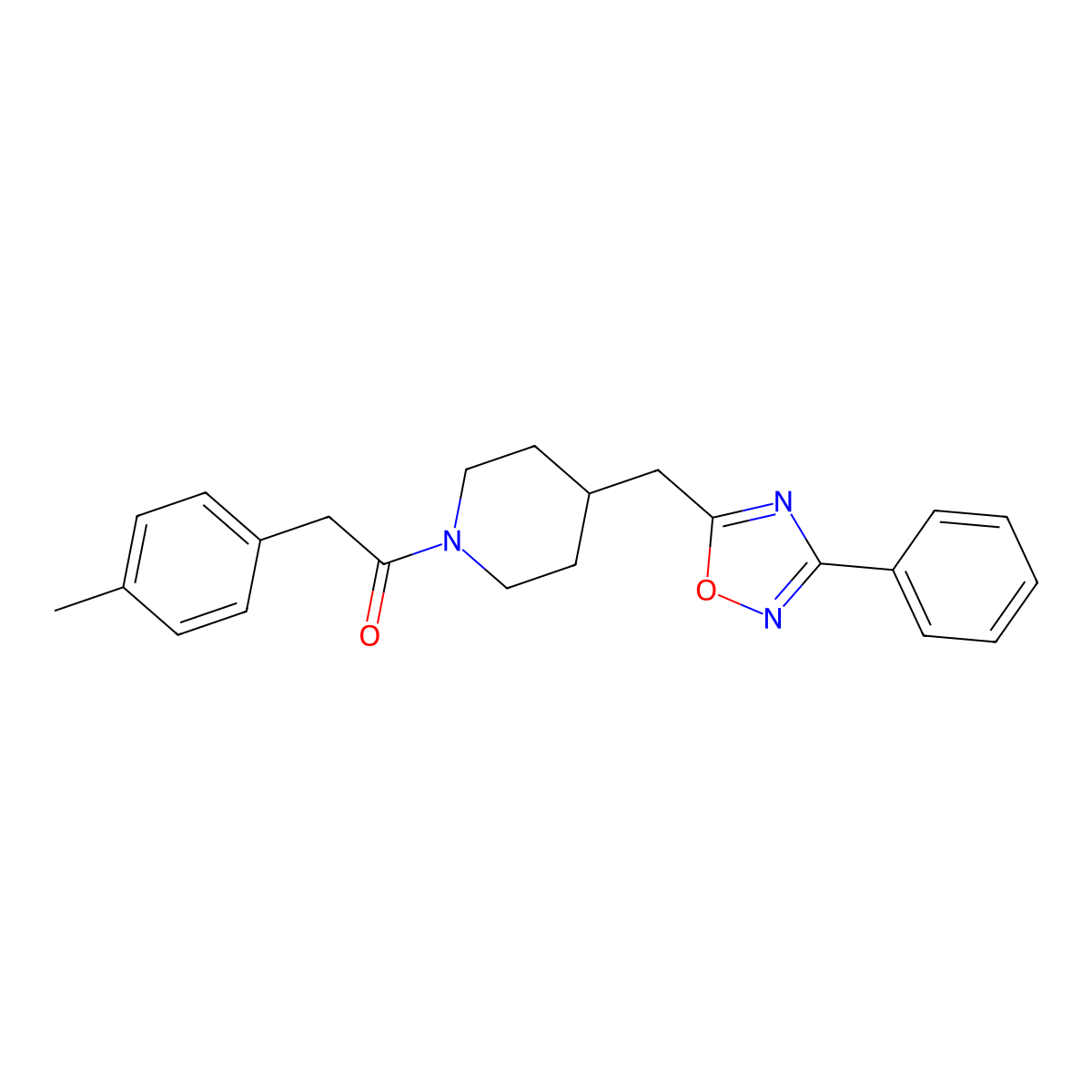 1-[(4-Methylphenyl)acetyl]-4-[(3-phenyl-1,2,4-oxadiazol-5-yl)methyl]piperidine molecular structure, CAS 1775377-17-7