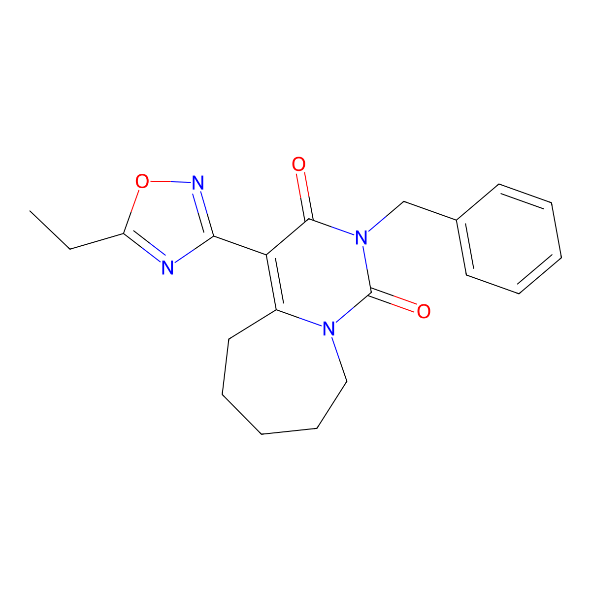 2-benzyl-4-(5-ethyl-1,2,4-oxadiazol-3-yl)-6,7,8,9-tetrahydropyrimido[1,6-a]azepine-1,3(2H,5H)-dione molecular structure, CAS 1775377-29-1