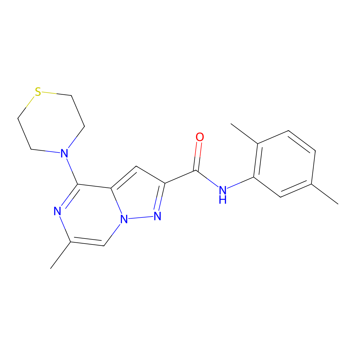 N-(2,5-dimethylphenyl)-6-methyl-4-(thiomorpholin-4-yl)pyrazolo[1,5-a]pyrazine-2-carboxamide molecular structure, CAS 1775378-28-3