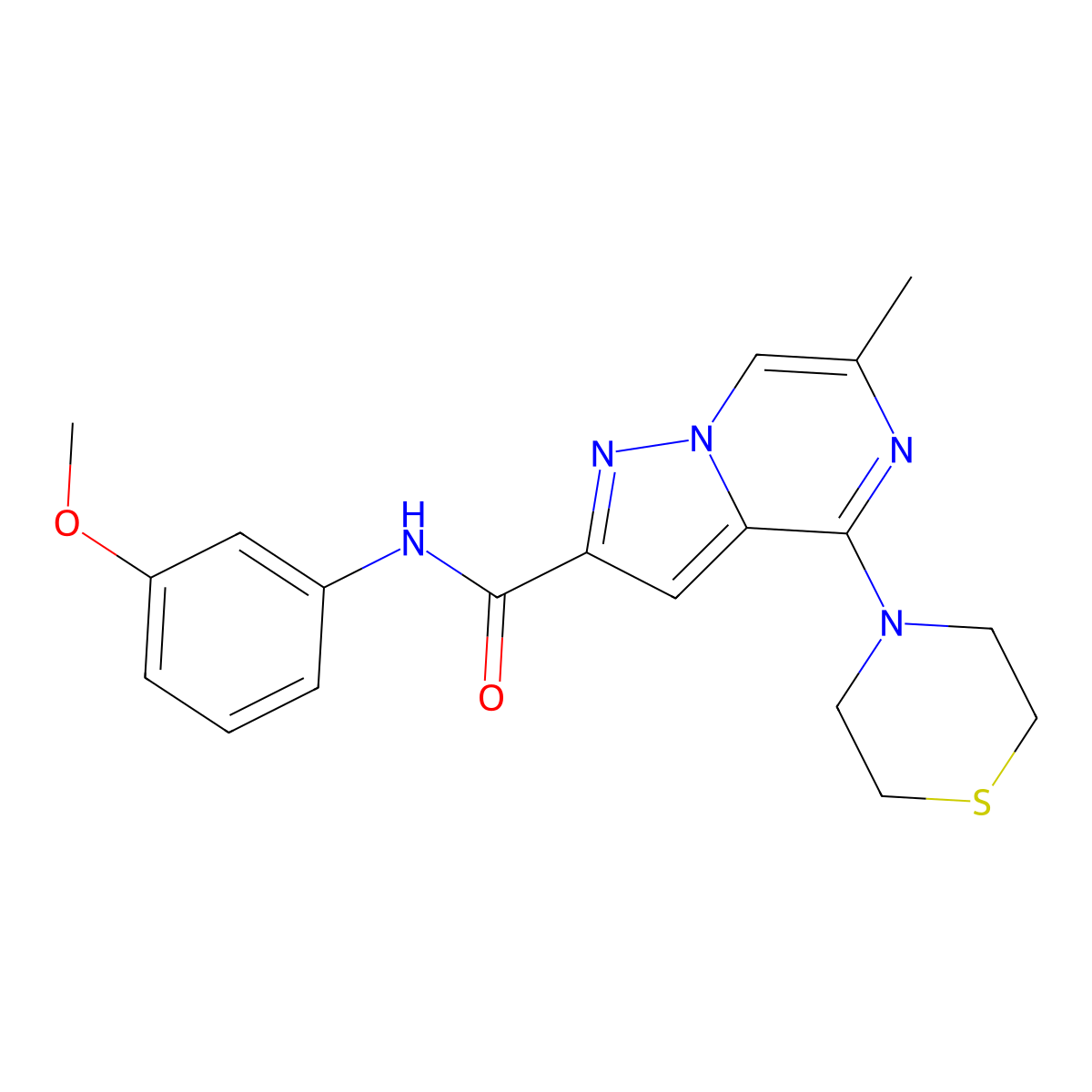 N-(3-methoxyphenyl)-6-methyl-4-(thiomorpholin-4-yl)pyrazolo[1,5-a]pyrazine-2-carboxamide molecular structure, CAS 1775378-37-4