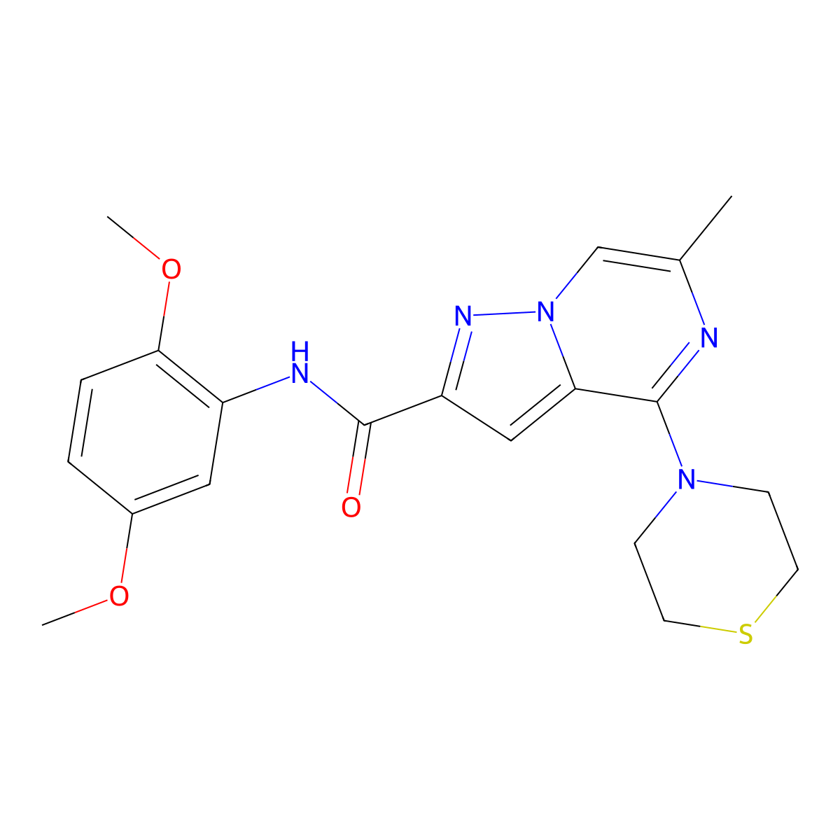 N-(2,5-dimethoxyphenyl)-6-methyl-4-(thiomorpholin-4-yl)pyrazolo[1,5-a]pyrazine-2-carboxamide molecular structure, CAS 1775378-47-6