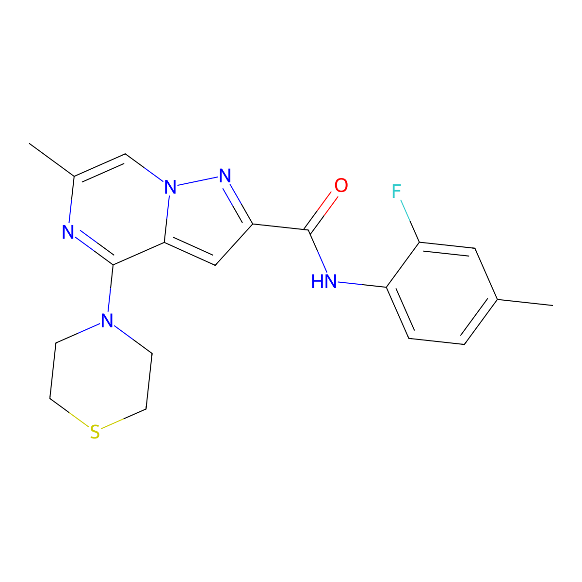 N-(2-Fluoro-4-methylphenyl)-6-methyl-4-(thiomorpholin-4-YL)pyrazolo[1,5-A]pyrazine-2-carboxamide molecular structure, CAS 1775378-58-9
