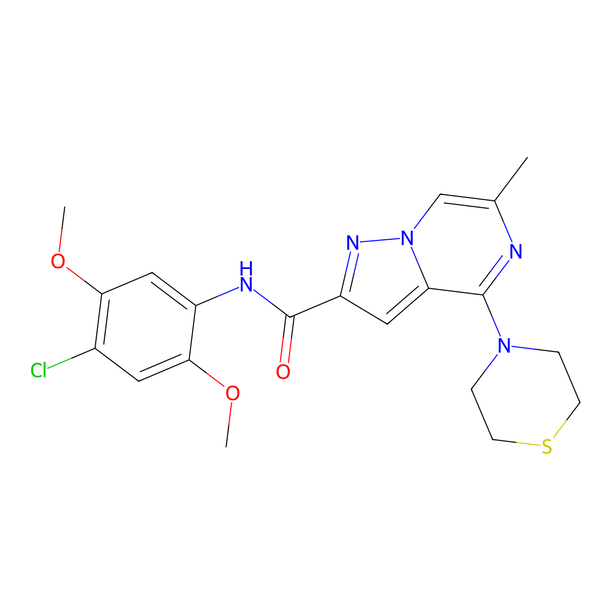 N-(4-chloro-2,5-dimethoxyphenyl)-6-methyl-4-(thiomorpholin-4-yl)pyrazolo[1,5-a]pyrazine-2-carboxamide molecular structure, CAS 1775378-61-4