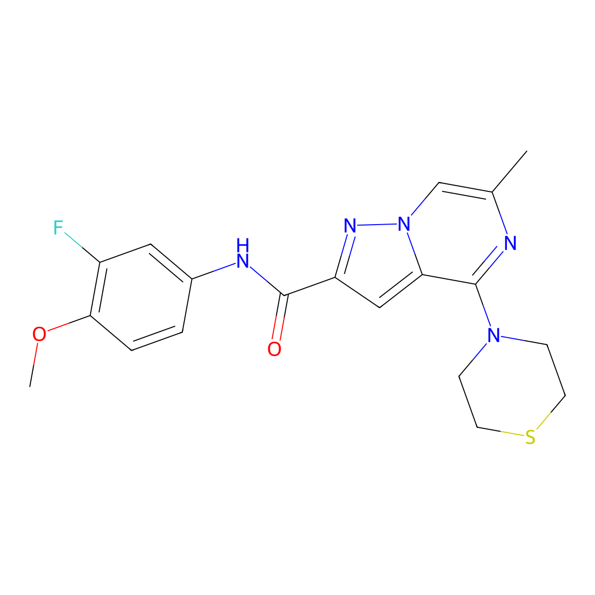 N-(3-fluoro-4-methoxyphenyl)-6-methyl-4-(thiomorpholin-4-yl)pyrazolo[1,5-a]pyrazine-2-carboxamide molecular structure, CAS 1775378-66-9