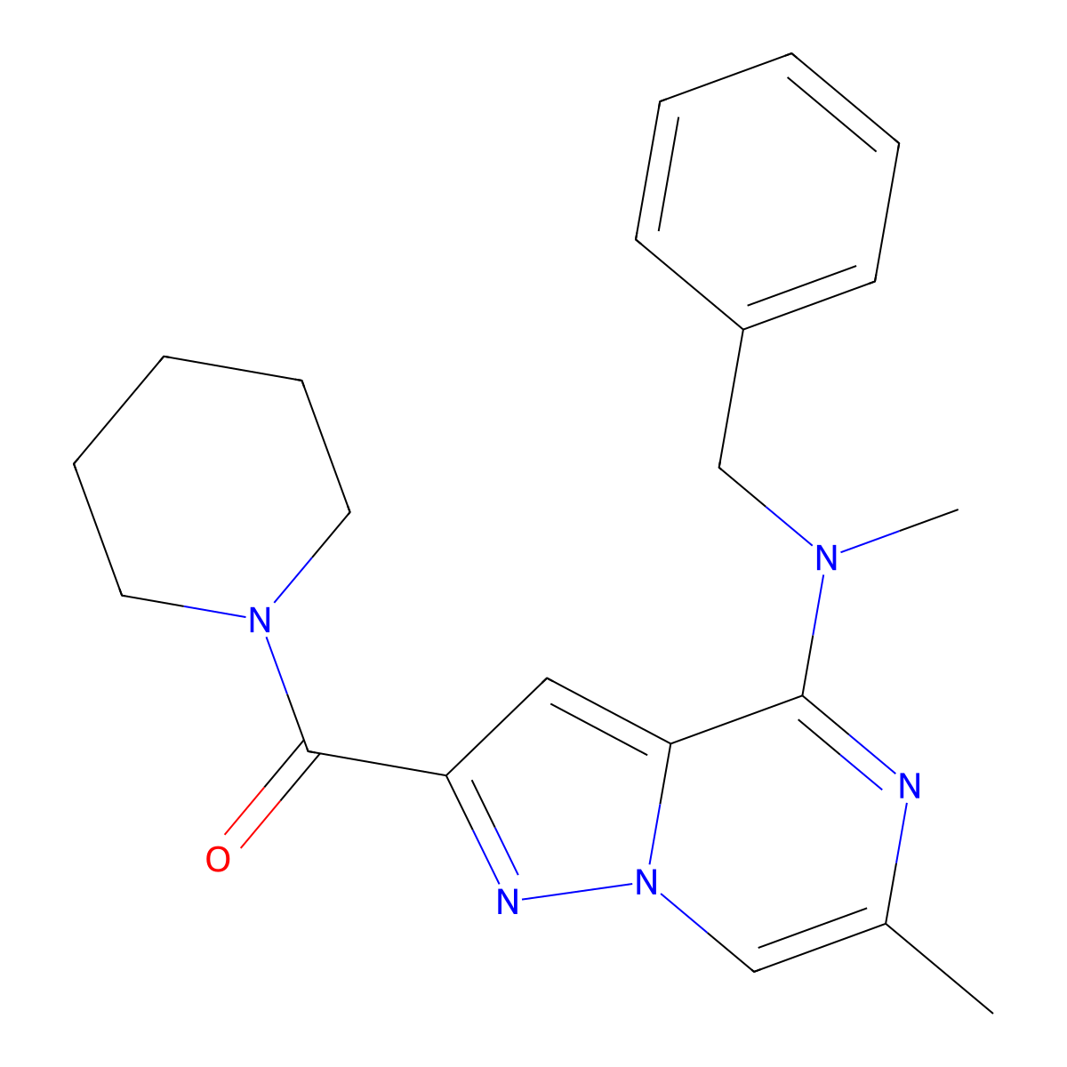 {4-[Benzyl(methyl)amino]-6-methylpyrazolo[1,5-a]pyrazin-2-yl}(piperidino)methanone molecular structure, CAS 1775379-52-6