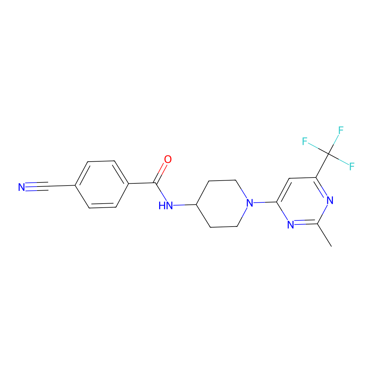 4-cyano-N-{1-[2-methyl-6-(trifluoromethyl)pyrimidin-4-yl]piperidin-4-yl}benzamide molecular structure, CAS 1775384-95-6