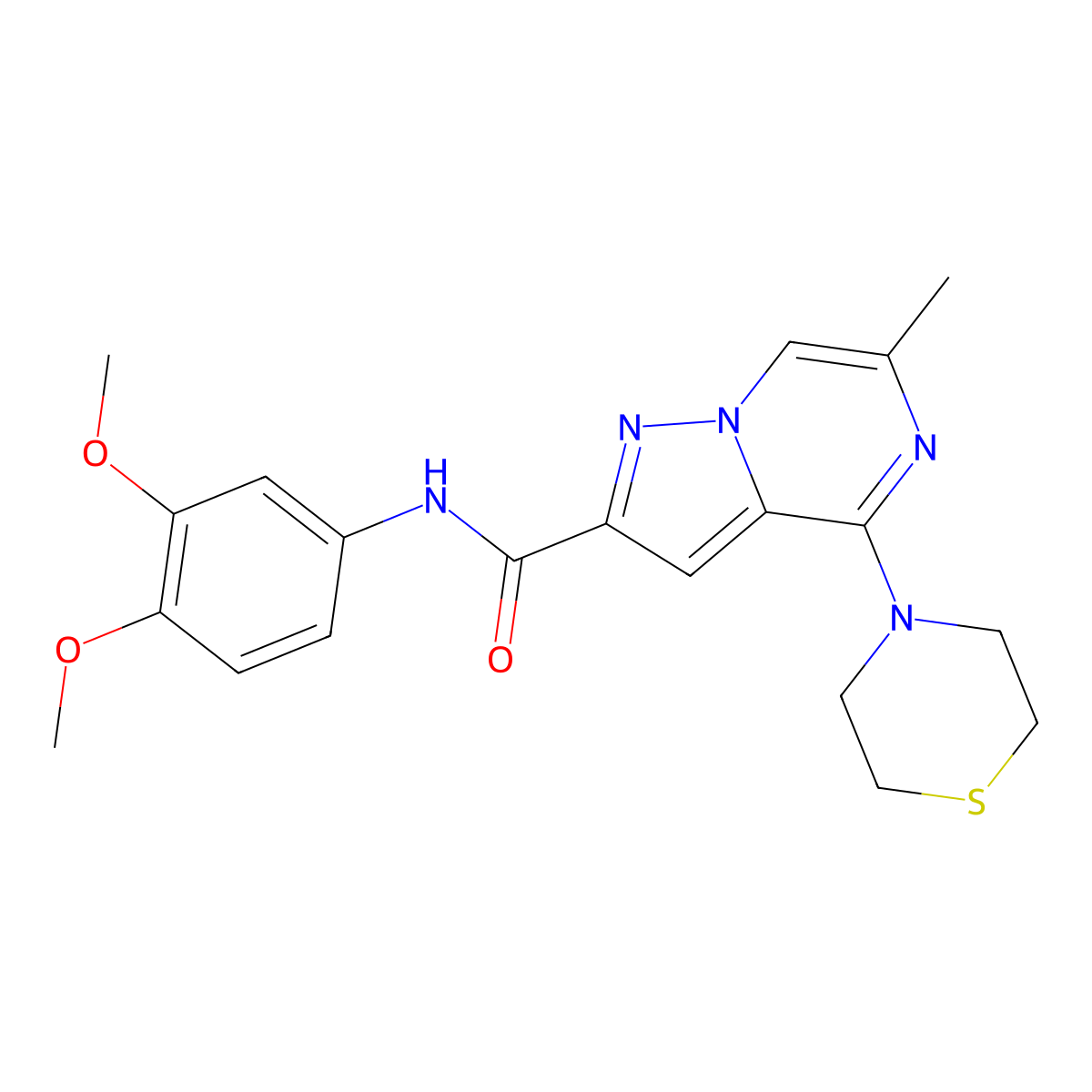 N-(3,4-dimethoxyphenyl)-6-methyl-4-(thiomorpholin-4-yl)pyrazolo[1,5-a]pyrazine-2-carboxamide molecular structure, CAS 1775385-60-8