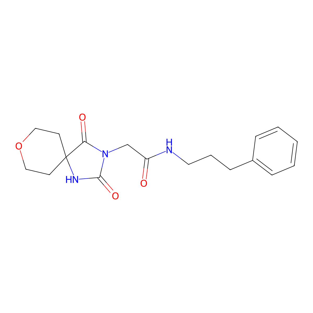 2-(2,4-dioxo-8-oxa-1,3-diazaspiro[4.5]dec-3-yl)-N-(3-phenylpropyl)acetamide molecular structure, CAS 1775386-75-8