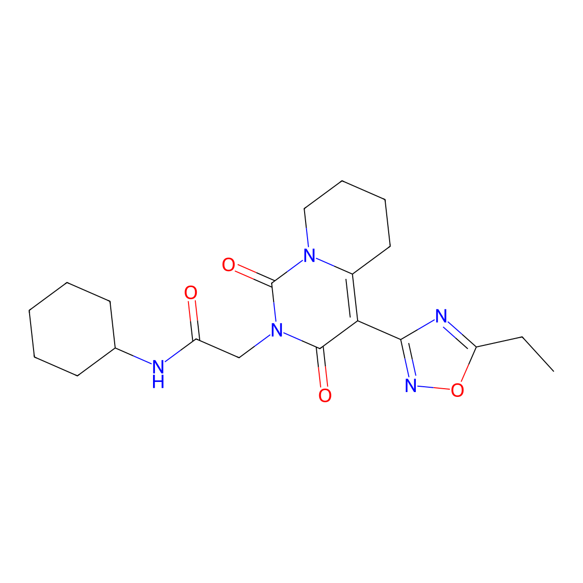 N-cyclohexyl-2-[4-(5-ethyl-1,2,4-oxadiazol-3-yl)-1,3-dioxo-5,6,7,8-tetrahydro-1H-pyrido[1,2-c]pyrimidin-2(3H)-yl]acetamide molecular structure, CAS 1775386-78-1