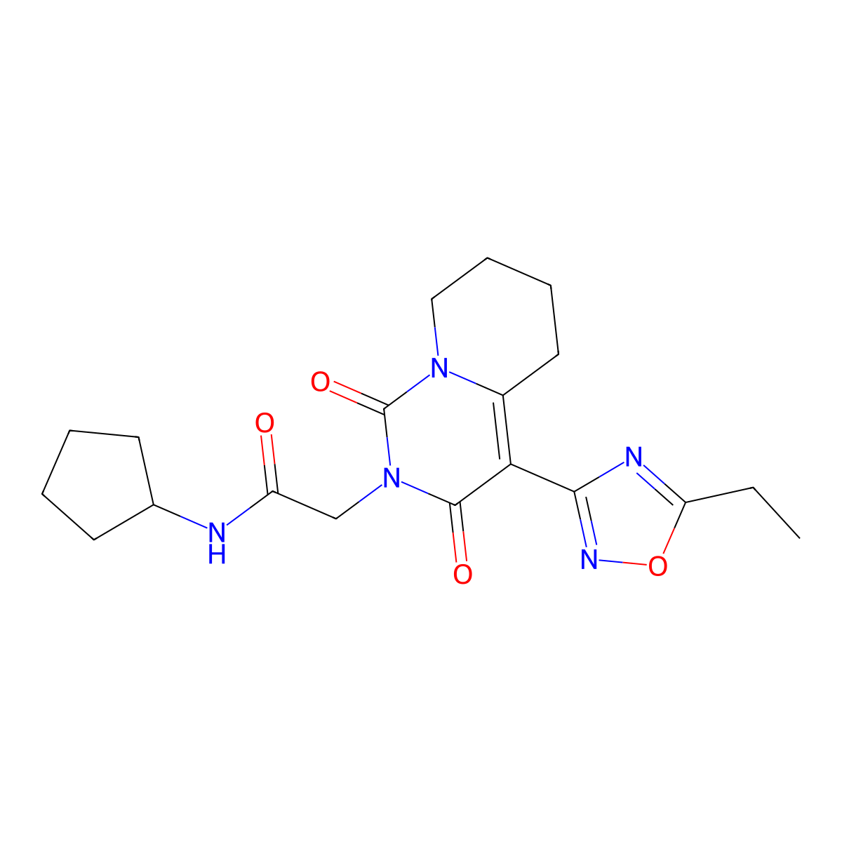 N-cyclopentyl-2-[4-(5-ethyl-1,2,4-oxadiazol-3-yl)-1,3-dioxo-5,6,7,8-tetrahydro-1H-pyrido[1,2-c]pyrimidin-2(3H)-yl]acetamide molecular structure, CAS 1775386-86-1