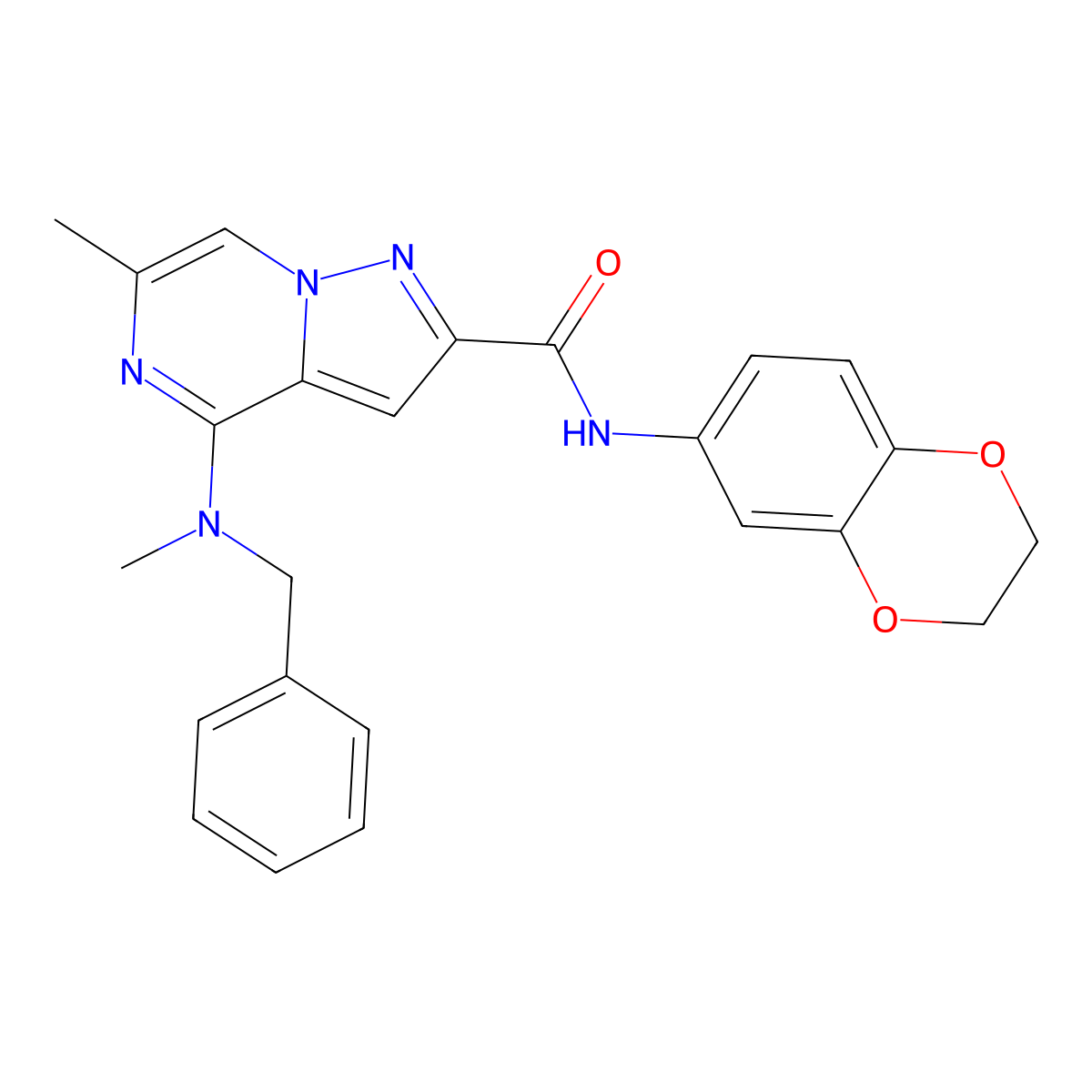 4-[benzyl(methyl)amino]-N-(2,3-dihydro-1,4-benzodioxin-6-yl)-6-methylpyrazolo[1,5-a]pyrazine-2-carboxamide molecular structure, CAS 1775388-59-4