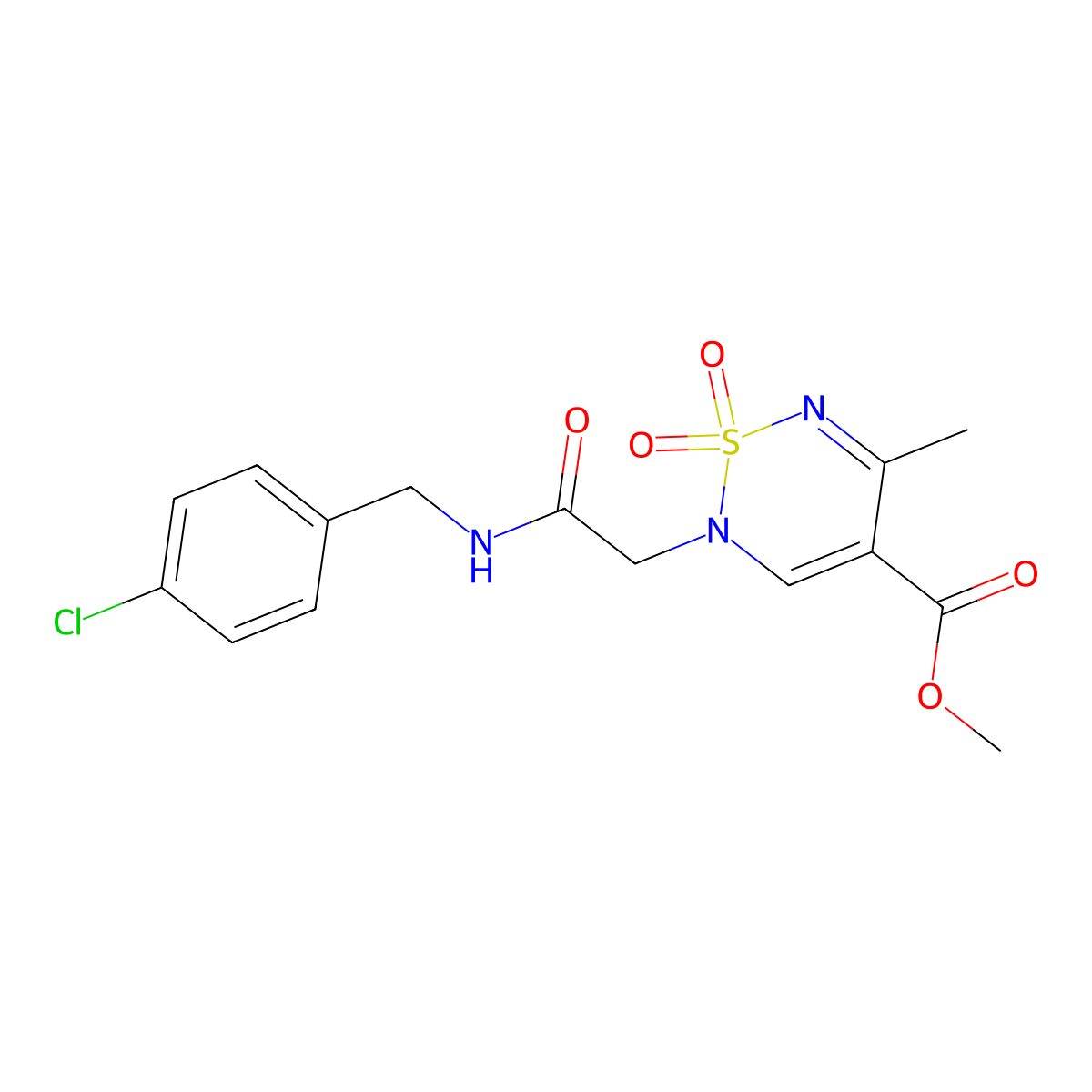 Methyl 2-[2-[(4-chlorophenyl)methylamino]-2-oxoethyl]-5-methyl-1,1-dioxo-1,2,6-thiadiazine-4-carboxylate molecular structure, CAS 1775388-77-6