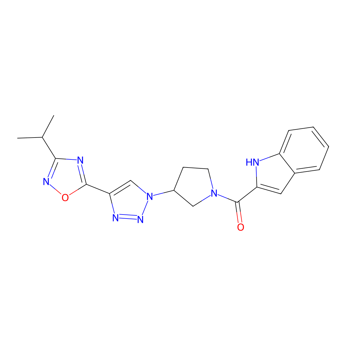 2-(3-{4-[3-(Propan-2-YL)-1,2,4-oxadiazol-5-YL]-1H-1,2,3-triazol-1-YL}pyrrolidine-1-carbonyl)-1H-indole molecular structure, CAS 1775394-42-7