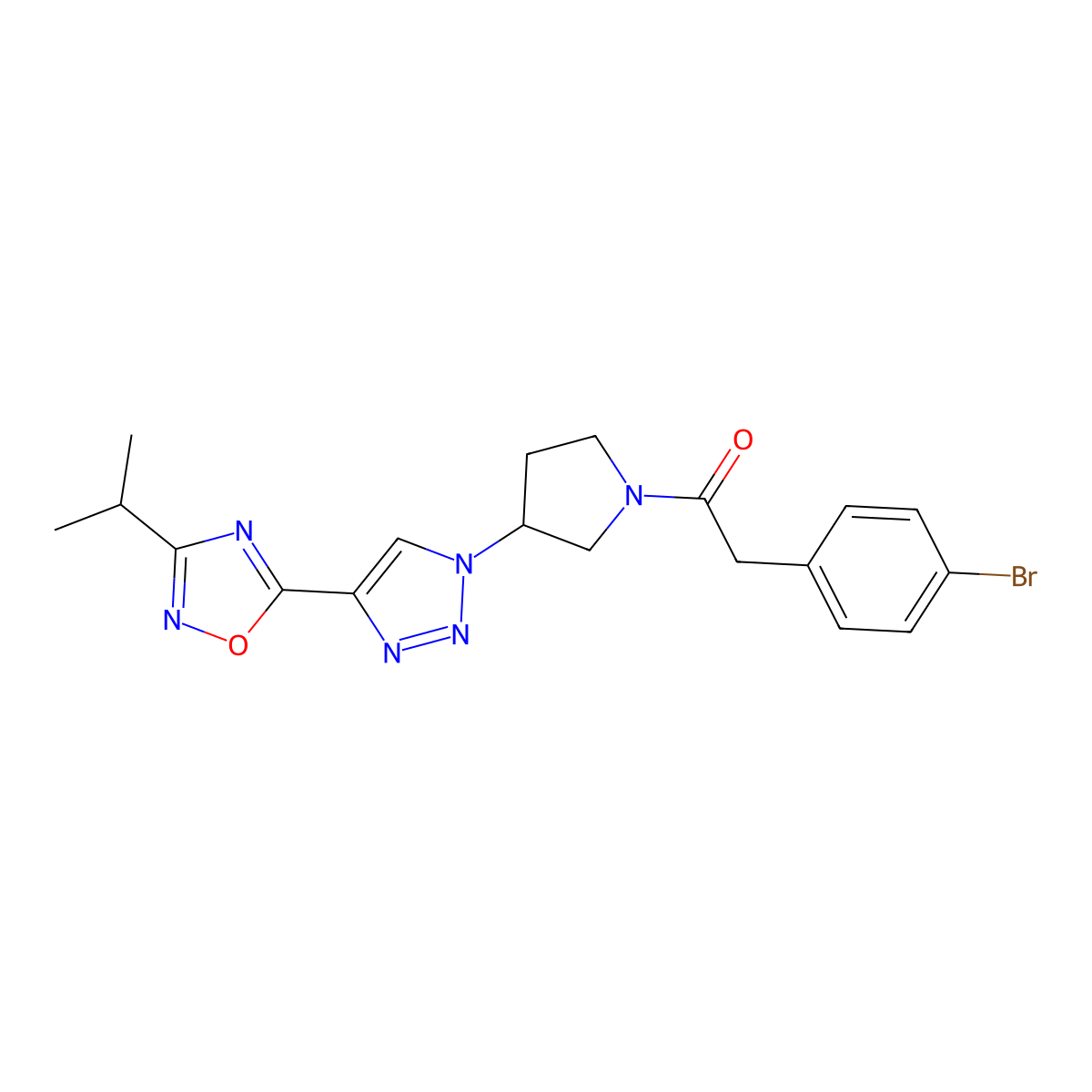 2-(4-Bromophenyl)-1-(3-{4-[3-(propan-2-YL)-1,2,4-oxadiazol-5-YL]-1H-1,2,3-triazol-1-YL}pyrrolidin-1-YL)ethan-1-one molecular structure, CAS 1775394-68-7