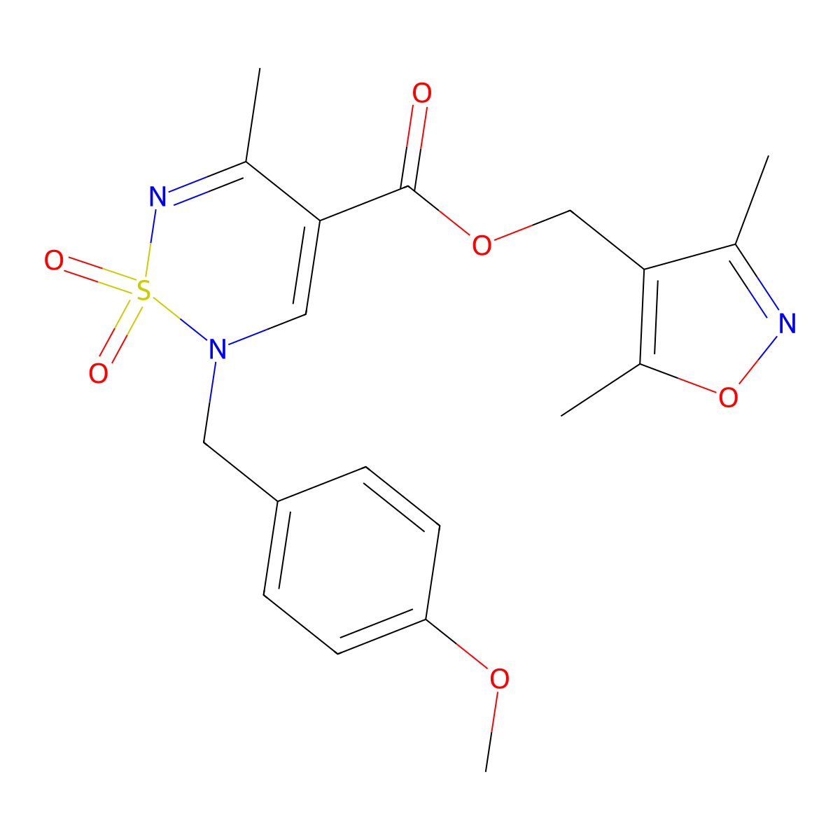 (3,5-dimethyl-1,2-oxazol-4-yl)methyl 2-[(4-methoxyphenyl)methyl]-5-methyl-1,1-dioxo-2H-1lambda6,2,6-thiadiazine-4-carboxylate molecular structure, CAS 1775399-62-6